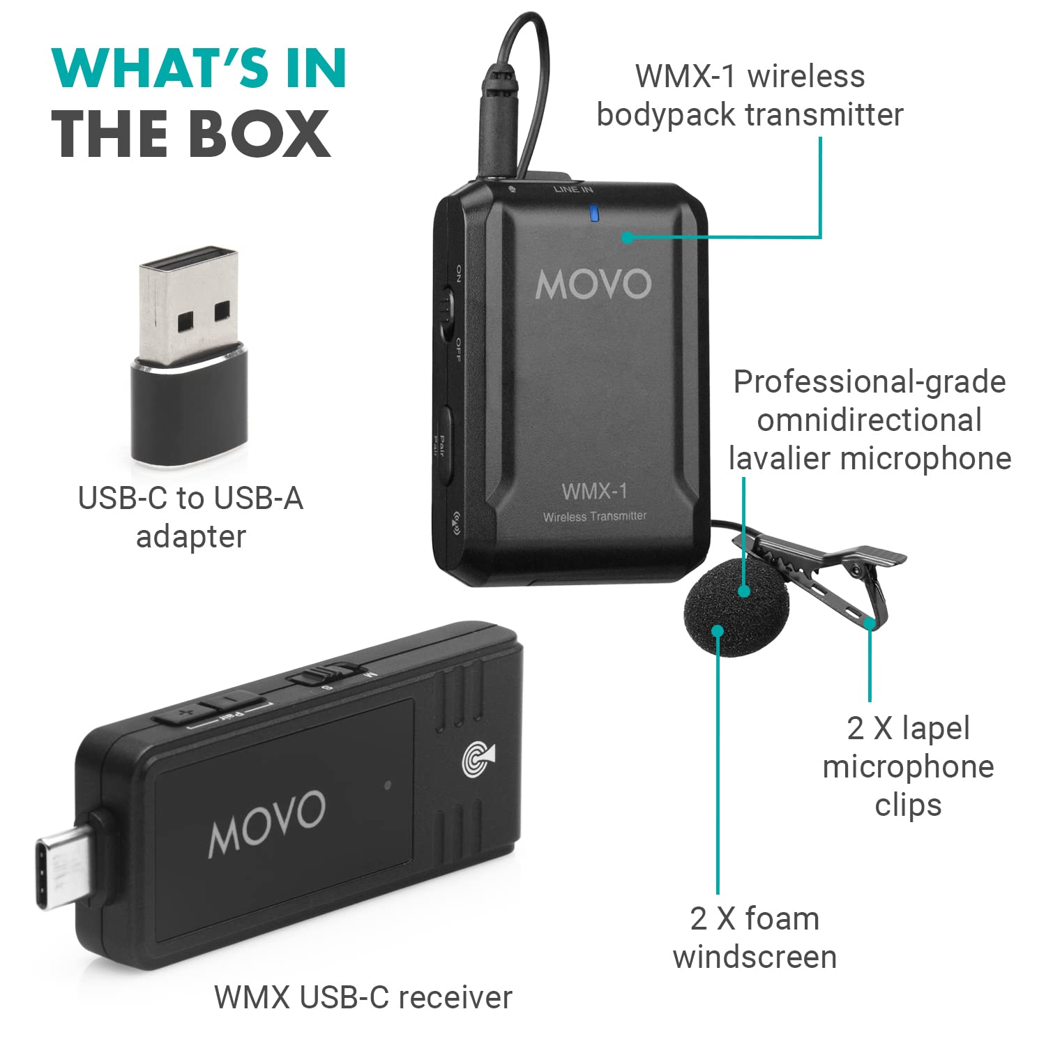 MOVO WMX UL Wireless USB and USB C Lavalier Microphone System