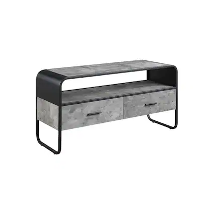 Front. FurniFact - Industrial-style TV stand, concrete gray, black finish, made from particleboard - Brown.