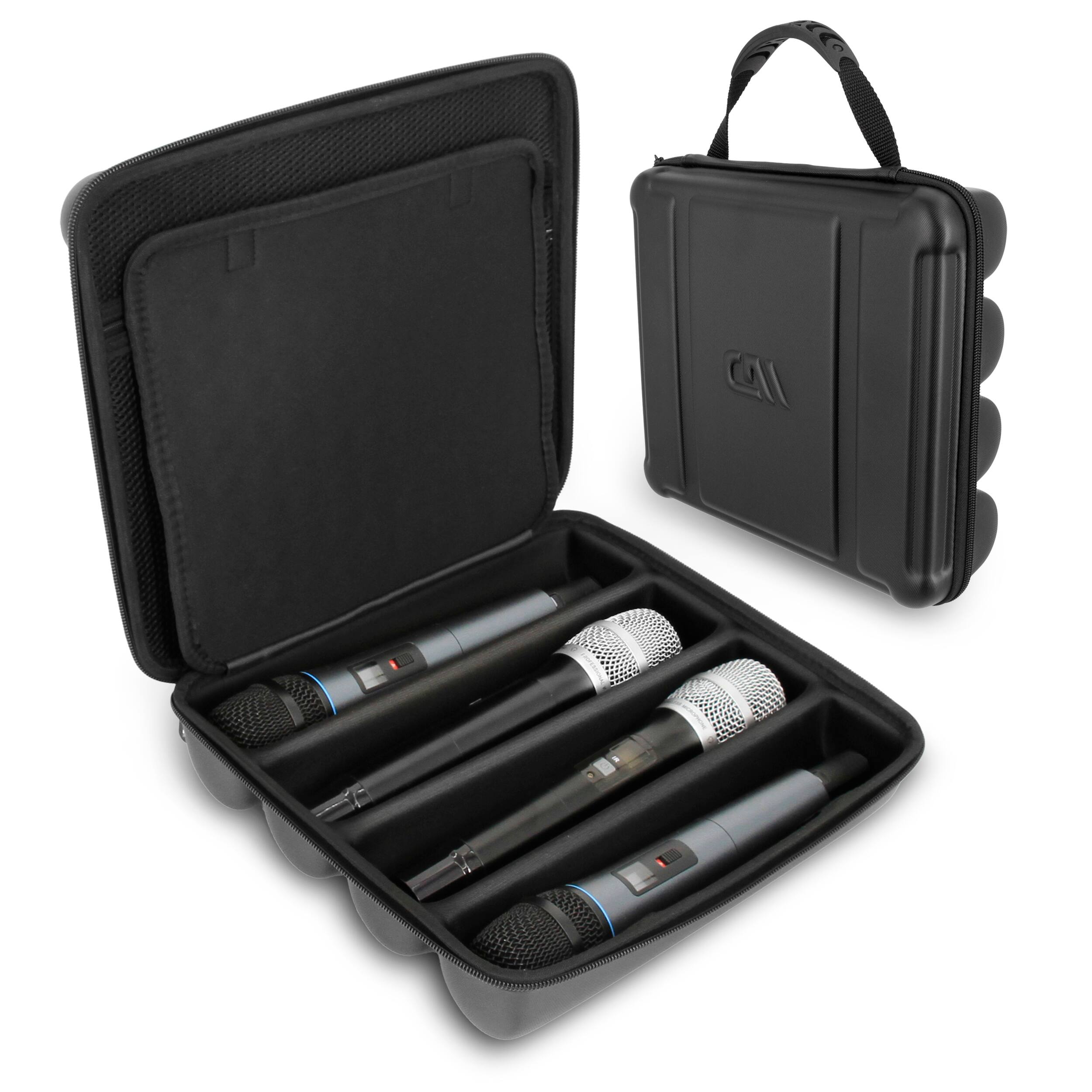 CASEMATIX - Wireless Microphone Case For Travel Fits up to Four 10.75" Mics With Accessory Storage and Built In Carry Handle - Black
