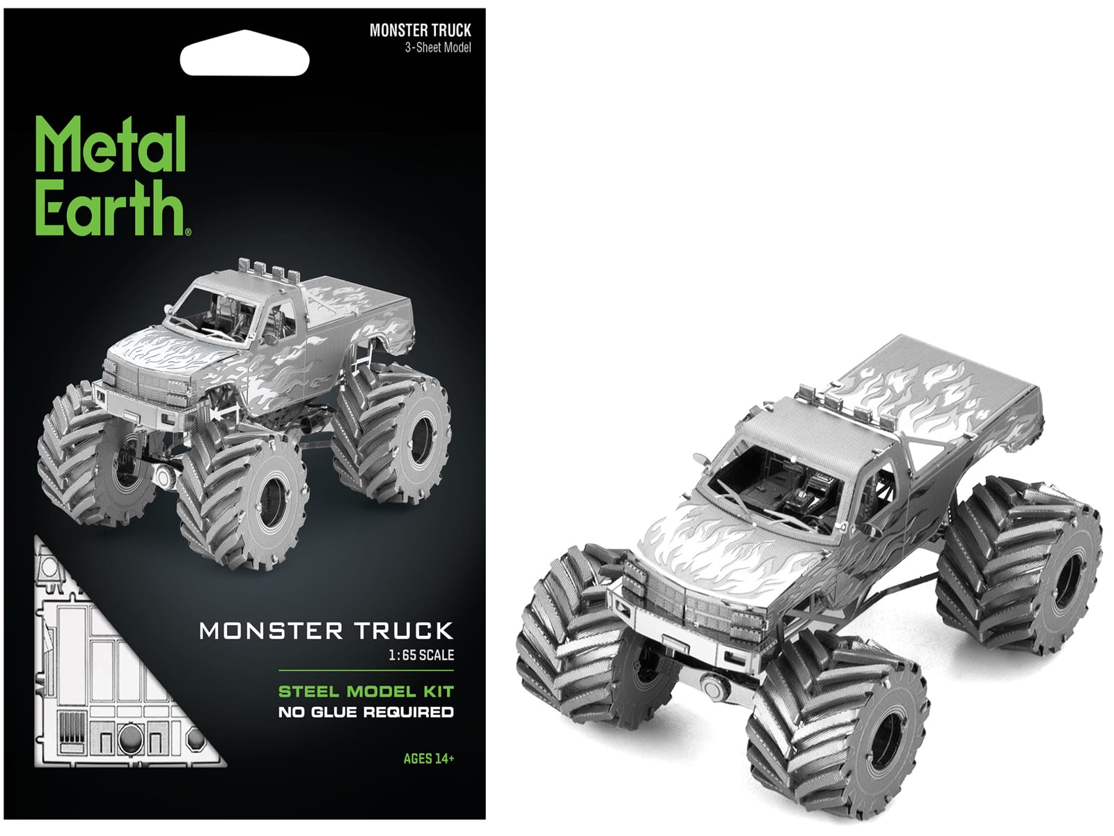 Model Kit Monster Truck with Flame Graphics (Moderate Difficulty) Steel Model by Metal Earth - Silver