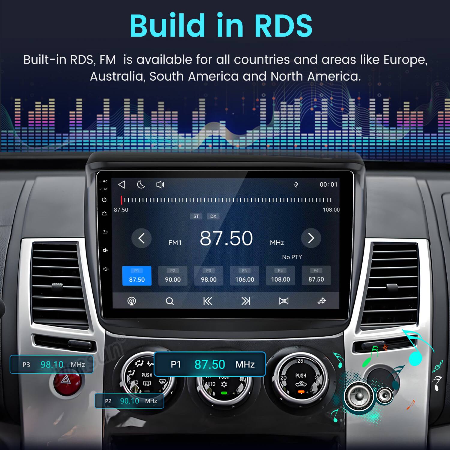 Build in RDS  
Built-in RDS, FM is available for all countries and areas like Europe, Australia, South America and North America.

MC RST  
00:01  
87.50  
ST DX  
108.00  
u  
FM1 87.50 MHz No PTY  
P1  
P2  
P3  
P4  
PS  
P6  
87.50  
90.00  
98.00  
106.00  
108.00  
87.50  
P3  
98.10 MHz  
PUSH  
P1  
87.50 MHz FUOR UTO  
20  
25 PUSH  
P2  
90.10 MHz