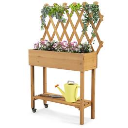 Costway - Wood Raised Garden Bed with Trellis Storage Shelf Wheels Liner Drainage Holes - Brown