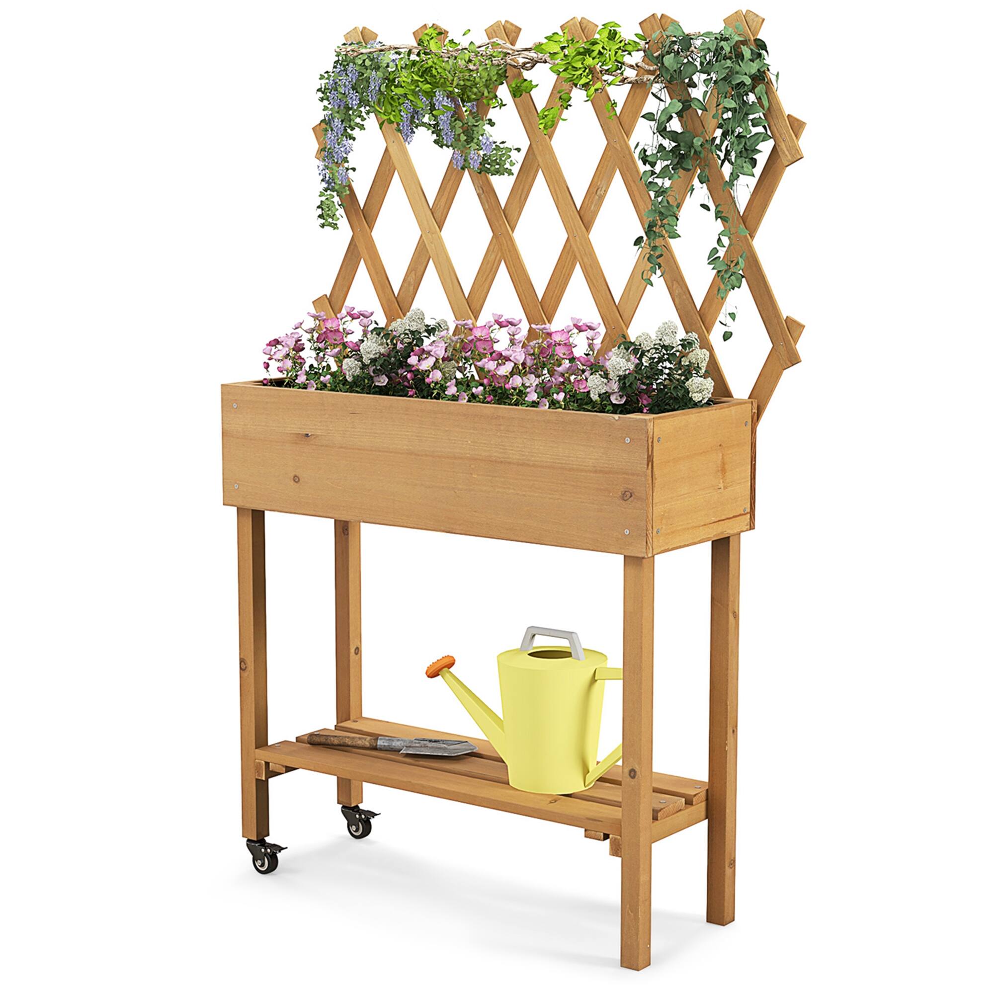 Front. Costway - Wood Raised Garden Bed with Trellis Storage Shelf Wheels Liner Drainage Holes - Brown.