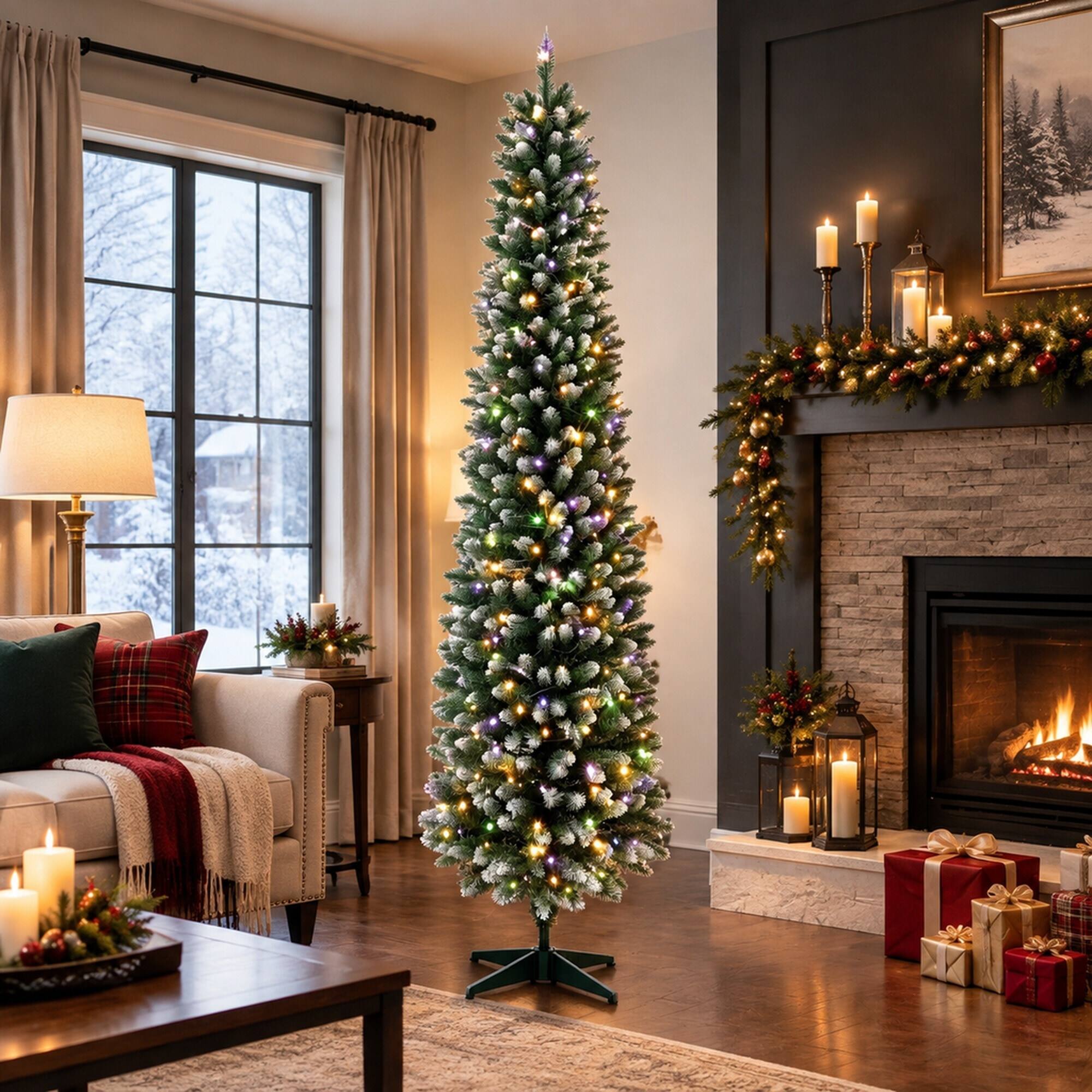 RYHNUYNE 6FT Pre Lit Flocked Pencil Christmas Tree With Dual Color ...