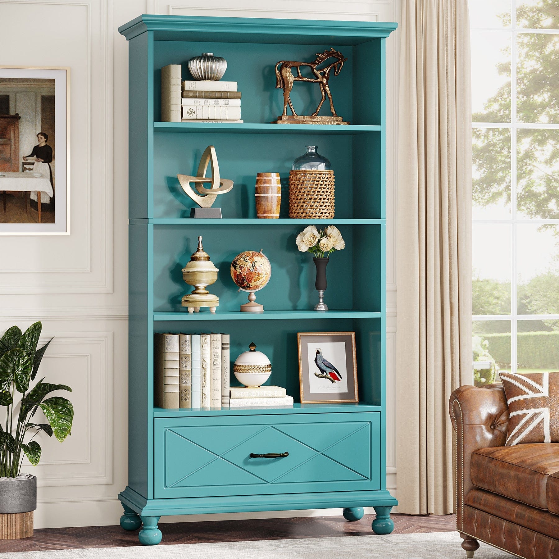 Tribesigns - Solid Wood Bookshelf with Drawer Storage and Book and Decor Display for Living Room, Study and Kitchen - Blue