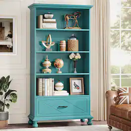 Tribesigns - Solid Wood Bookshelf with Drawer Storage and Book and Decor Display for Living Room, Study and Kitchen - Ocean Blue