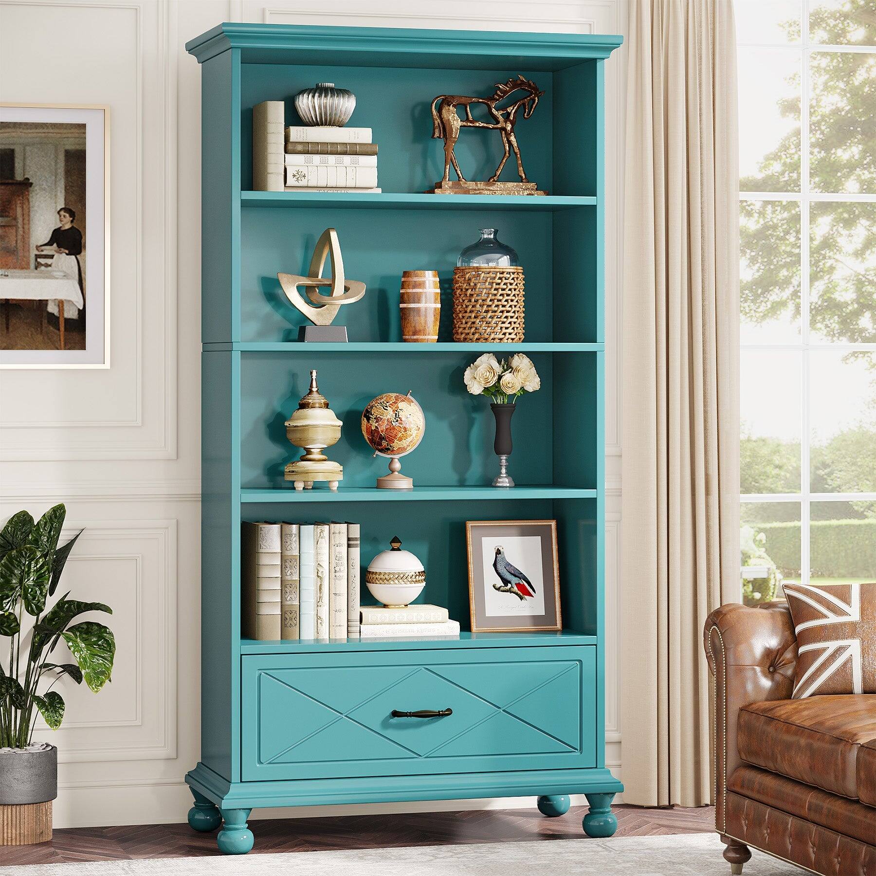 Front. Tribesigns - Solid Wood Bookshelf with Drawer Storage and Book and Decor Display for Living Room, Study and Kitchen - Blue.