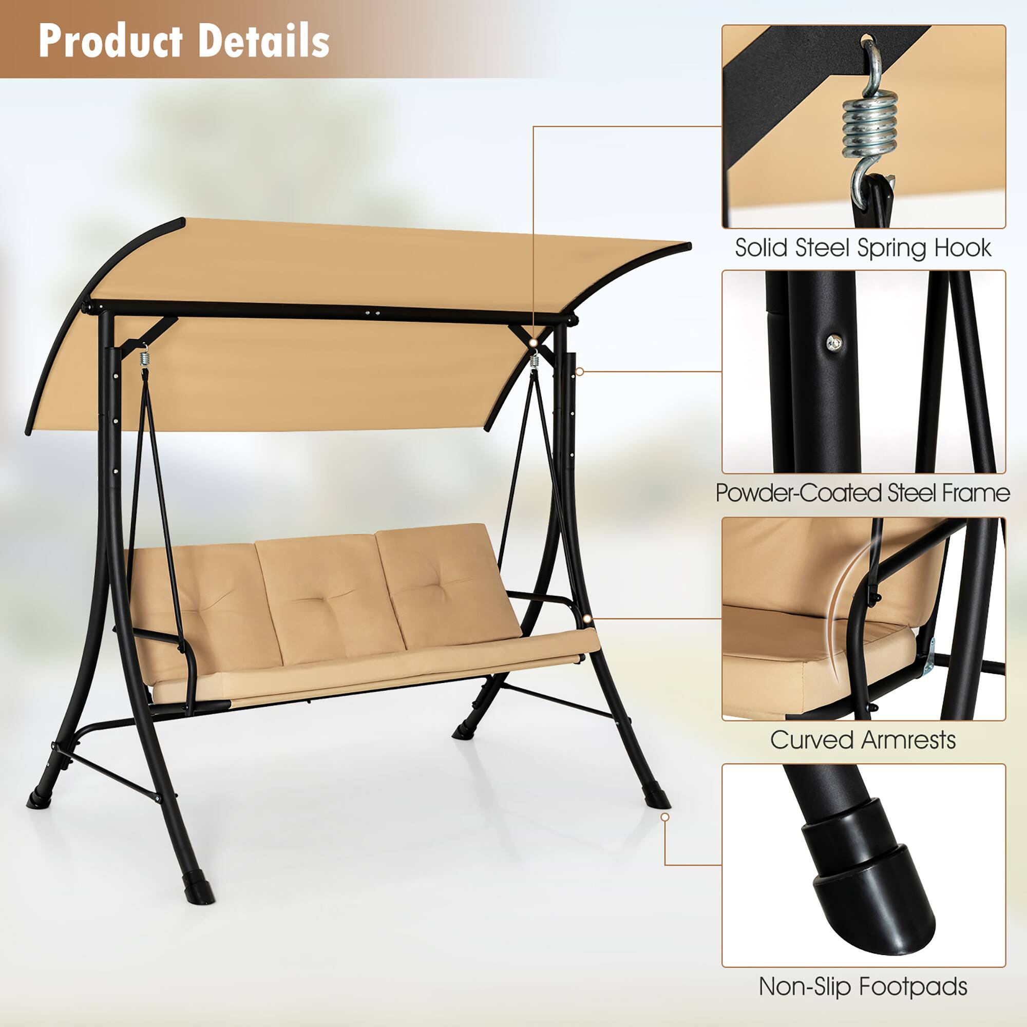 Product Details

- Solid Steel Spring Hook
- Powder-Coated Steel Frame
- Curved Armrests
- Non-Slip Footpads