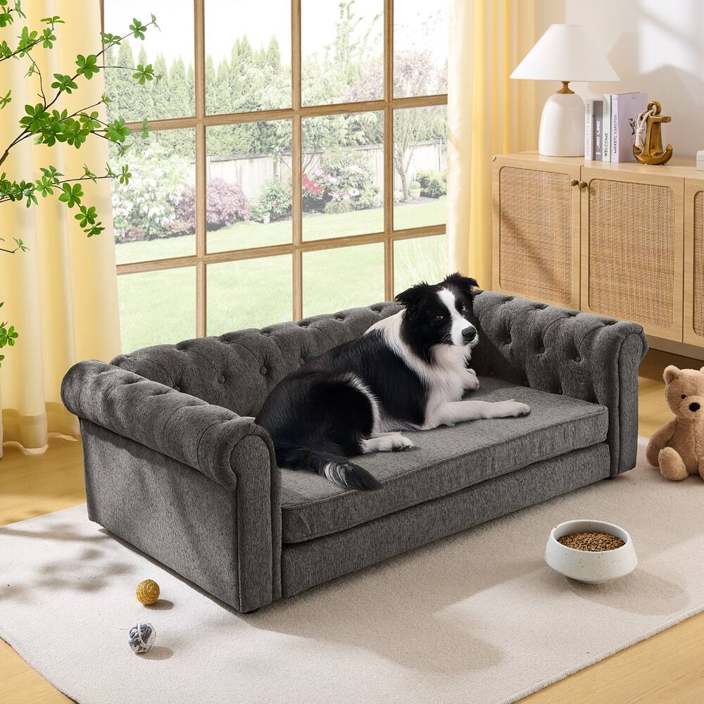 Front. APRILSOUL - Elegant rectangular pet bed for big and oversized dogs durable modern and fashionable linen fabric dog sofa DARK GREY - DARK GREY.
