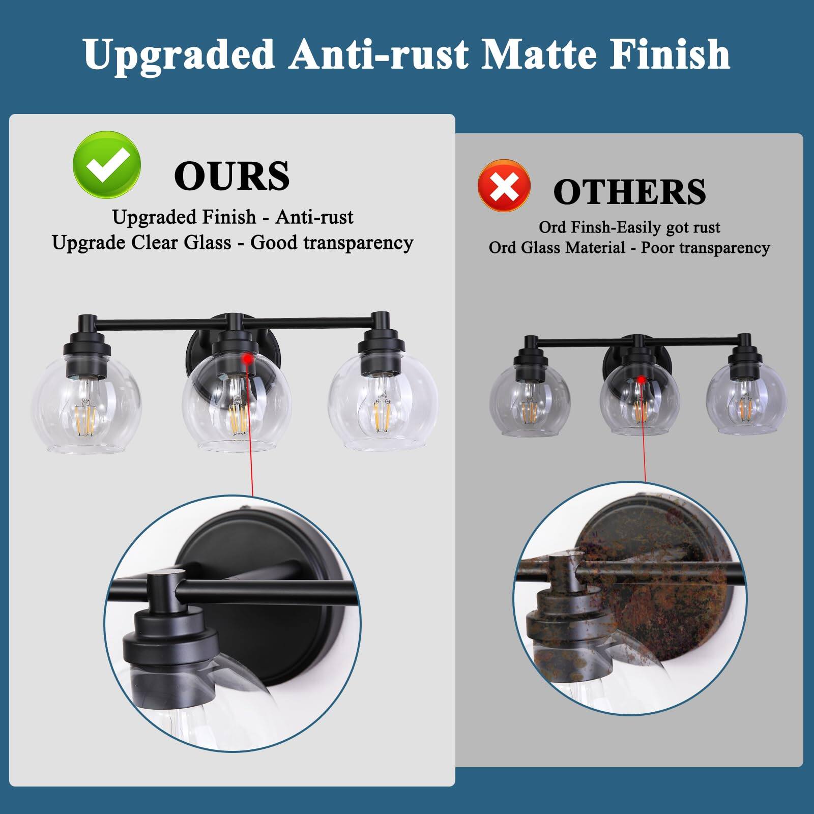 Upgraded Anti-rust Matte Finish

**OURS**
- Upgraded Finish - Anti-rust
- Upgrade Clear Glass - Good transparency

**OTHERS**
- Ord Finish - Easily got rust
- Ord Glass Material - Poor transparency