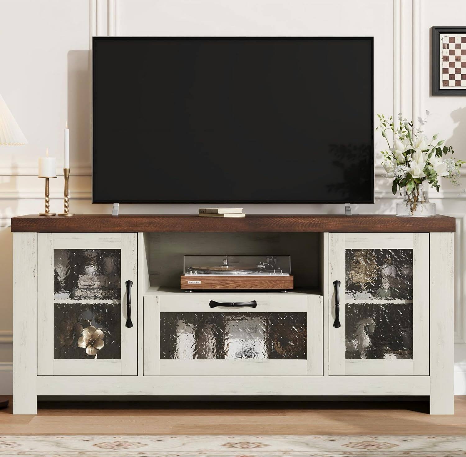 GAOMON - Farmhouse TV Stand for 55 Inch TV, Entertainment Center with Acrylic Door & Adjustable Shelves, Sideboard Buffet - White & Brown