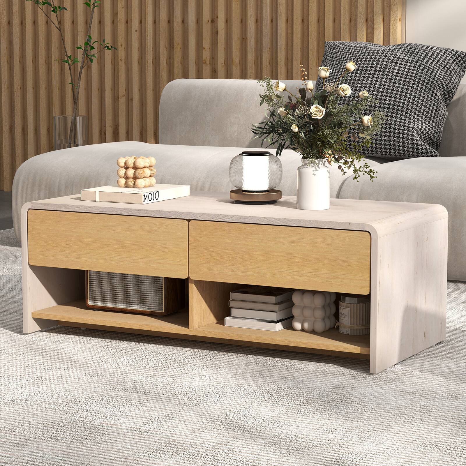 Alt View 1. Gymax - Gymax Home Coffee Table w/ 2 Drawers & 2 Storage Shelf Rectangle Table Cocktail Table - White, Natural.
