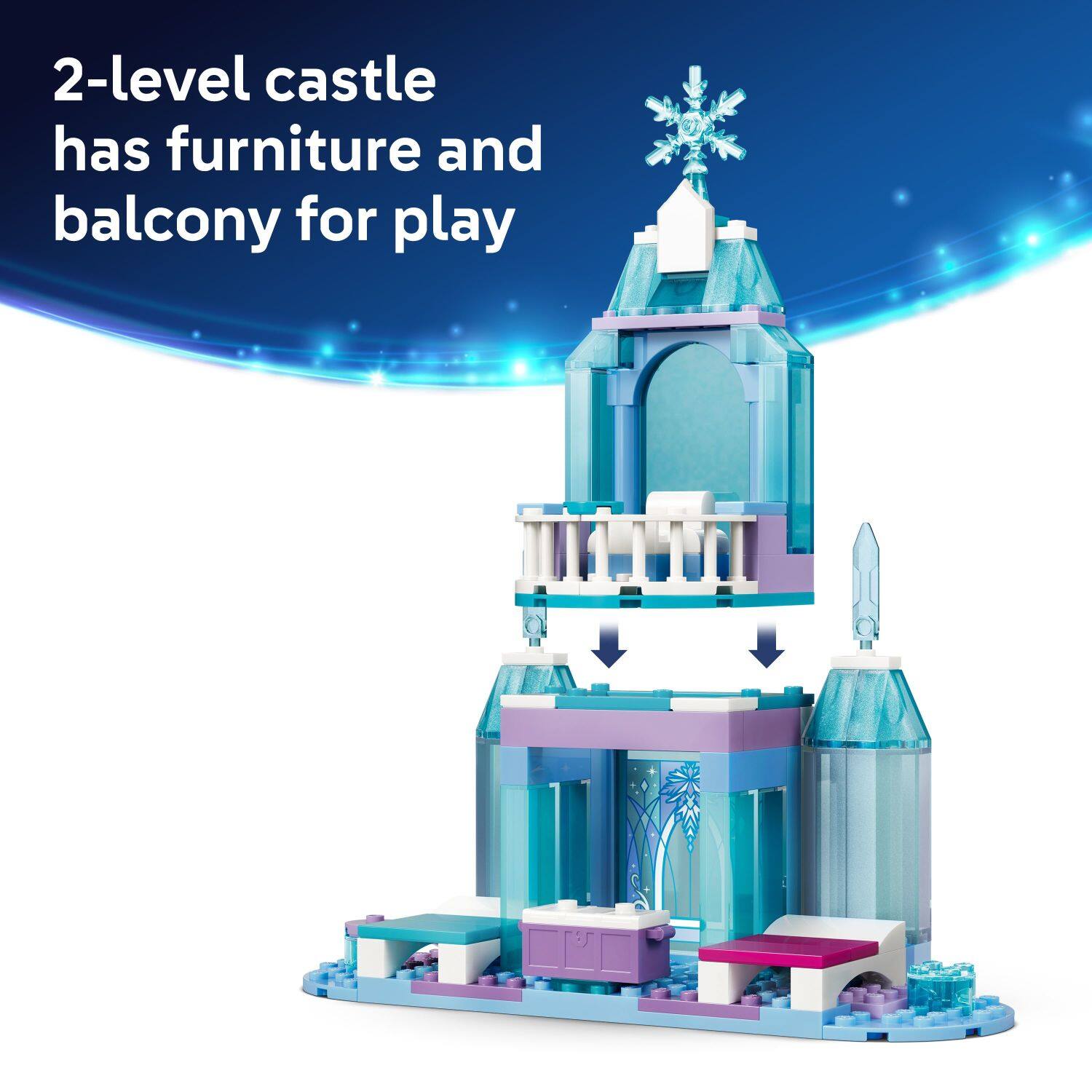 2-level castle has furniture and balcony for play