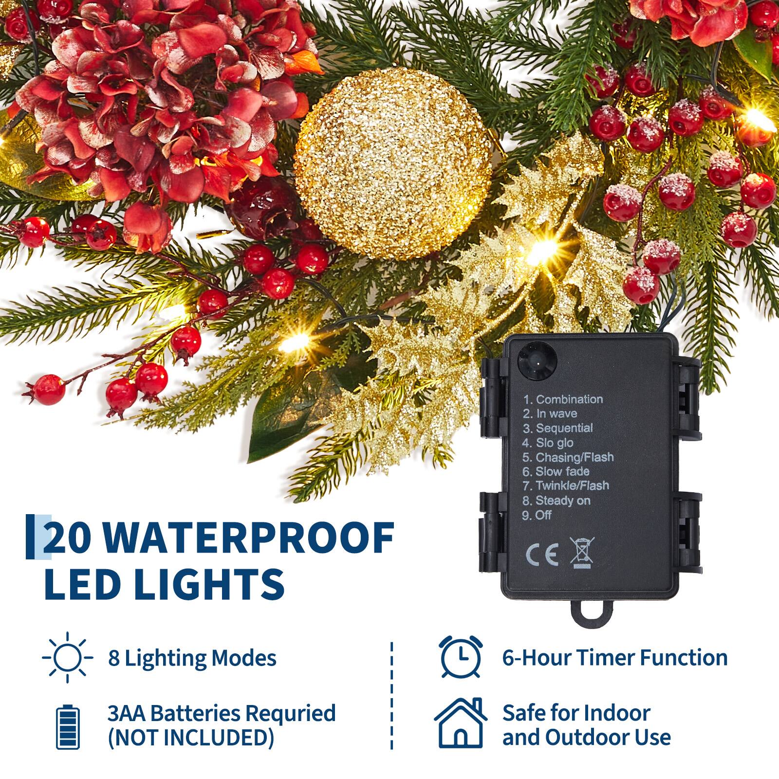 120 WATERPROOF LED LIGHTS

8 Lighting Modes:
1. Combination
2. In wave
3. Sequential
4. Slo glo
5. Chasing/Flash
6. Slow fade
7. Twinkle/Flash
8. Steady on
9. Off

3AA Batteries Required (NOT INCLUDED)

6-Hour Timer Function

Safe for Indoor and Outdoor Use

CE