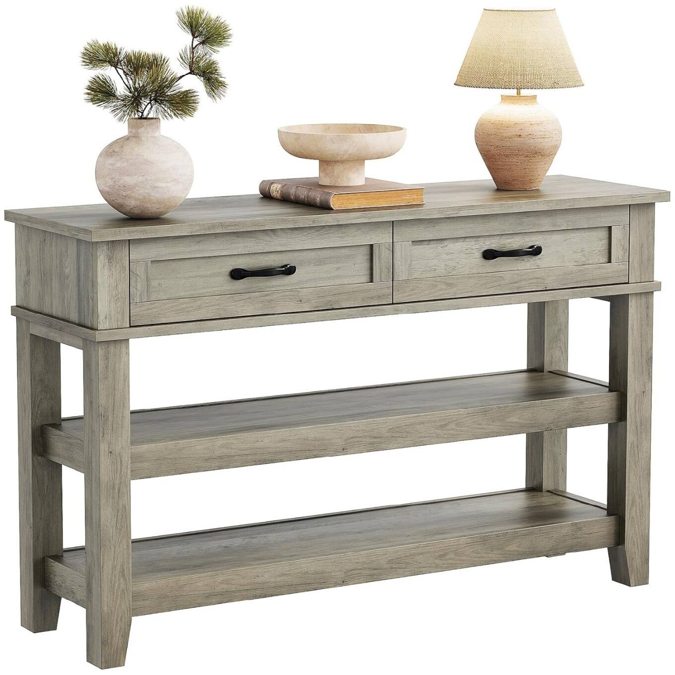 GARVEE - Farmhouse Entryway Console Table – 3-Tier Wooden Sofa Table with 2 Storage Drawers for Hallway - Gray