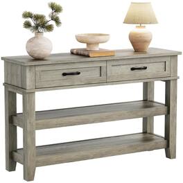 GARVEE - Farmhouse Entryway Console Table – 3-Tier Wooden Sofa Table with 2 Storage Drawers for Hallway - Gray