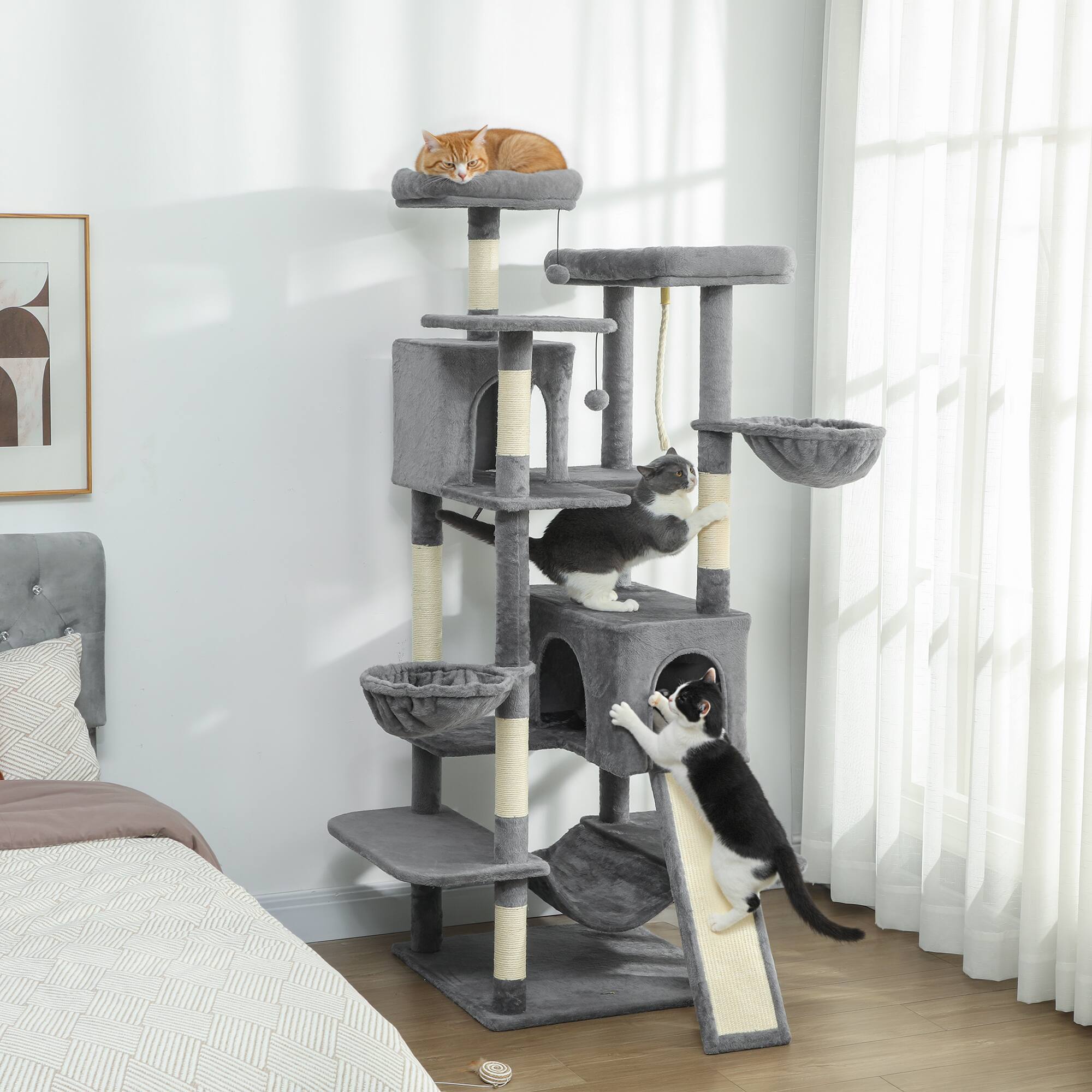 Angle. Pawhut - Cat Tree, 69" Multi-Level Large Cat Tower w/8 Scratching Posts, 2 Condos, 3 Hammocks, Ramp, 3 Perches, Dangling Toys - Dark Gray.