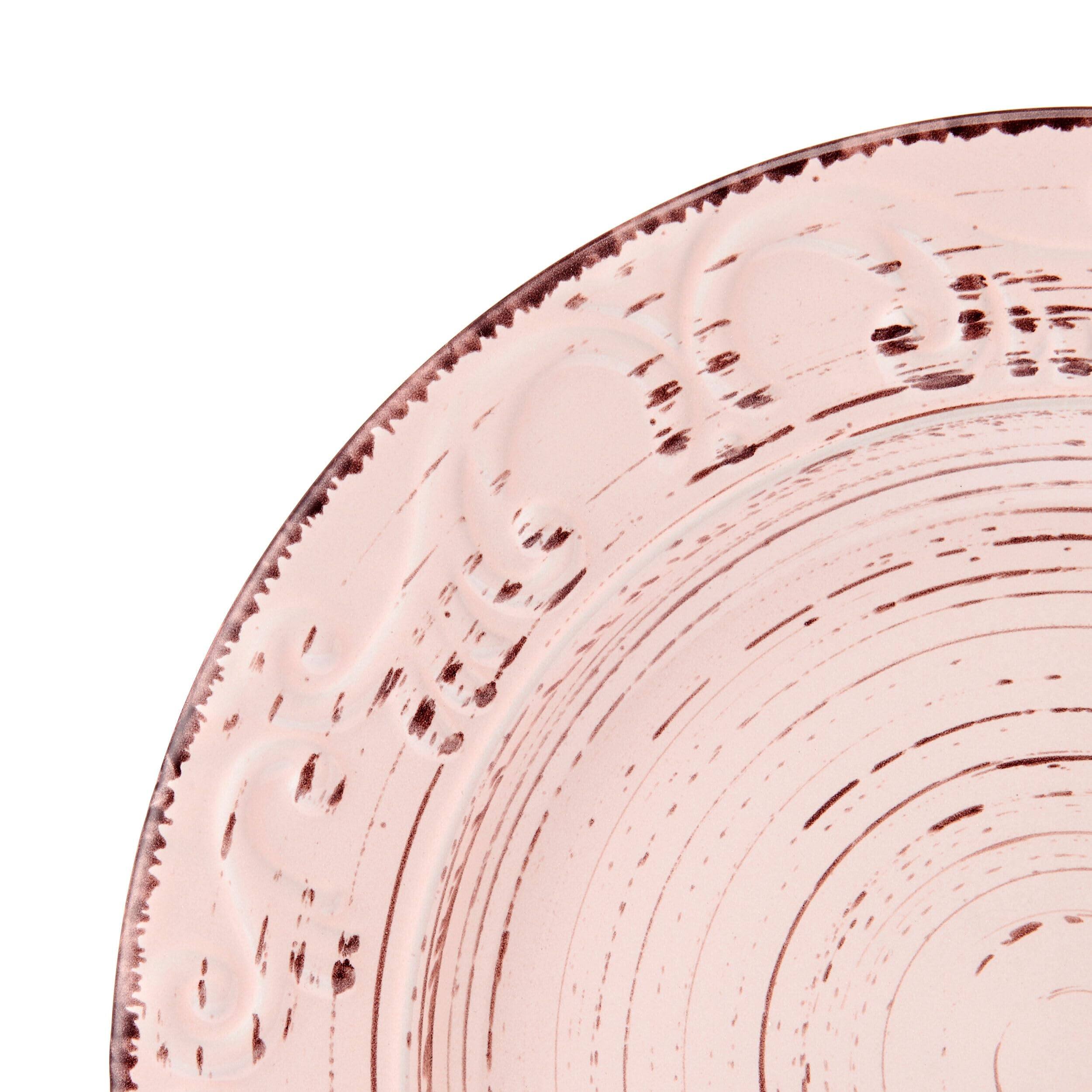 Angle. Dazzed Corner - 16-Piece Stoneware Dinnerware Set, Service for 4, Microwave & Dishwasher Safe Plates and Bowls - Pink.