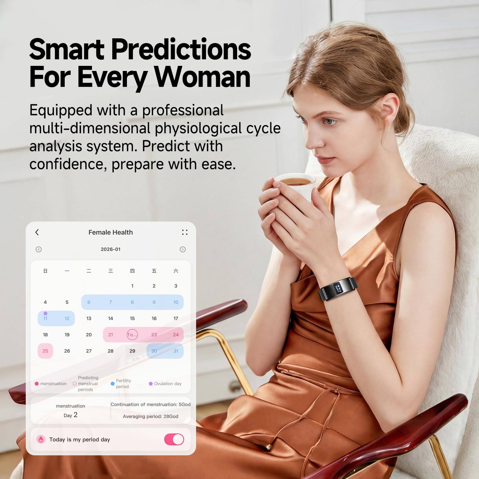 Smart Predictions For Every Woman  
Equipped with a professional multi-dimensional physiological cycle analysis system. Predict with confidence, prepare with ease.  

Female Health  
2026-01  

1 2 3 4 5 E 7 a 5 T0 11 12 13 14 15 16 17 18 19 20 21 23 24 25 24 27 29 20 30  

Predicting menstruation menstrual periods  
Portility period  
Ovulation day  
menstruation Day 2  

Continuation of menstruation: 5God  
Averaging period: 2800d  

Today is my period day
