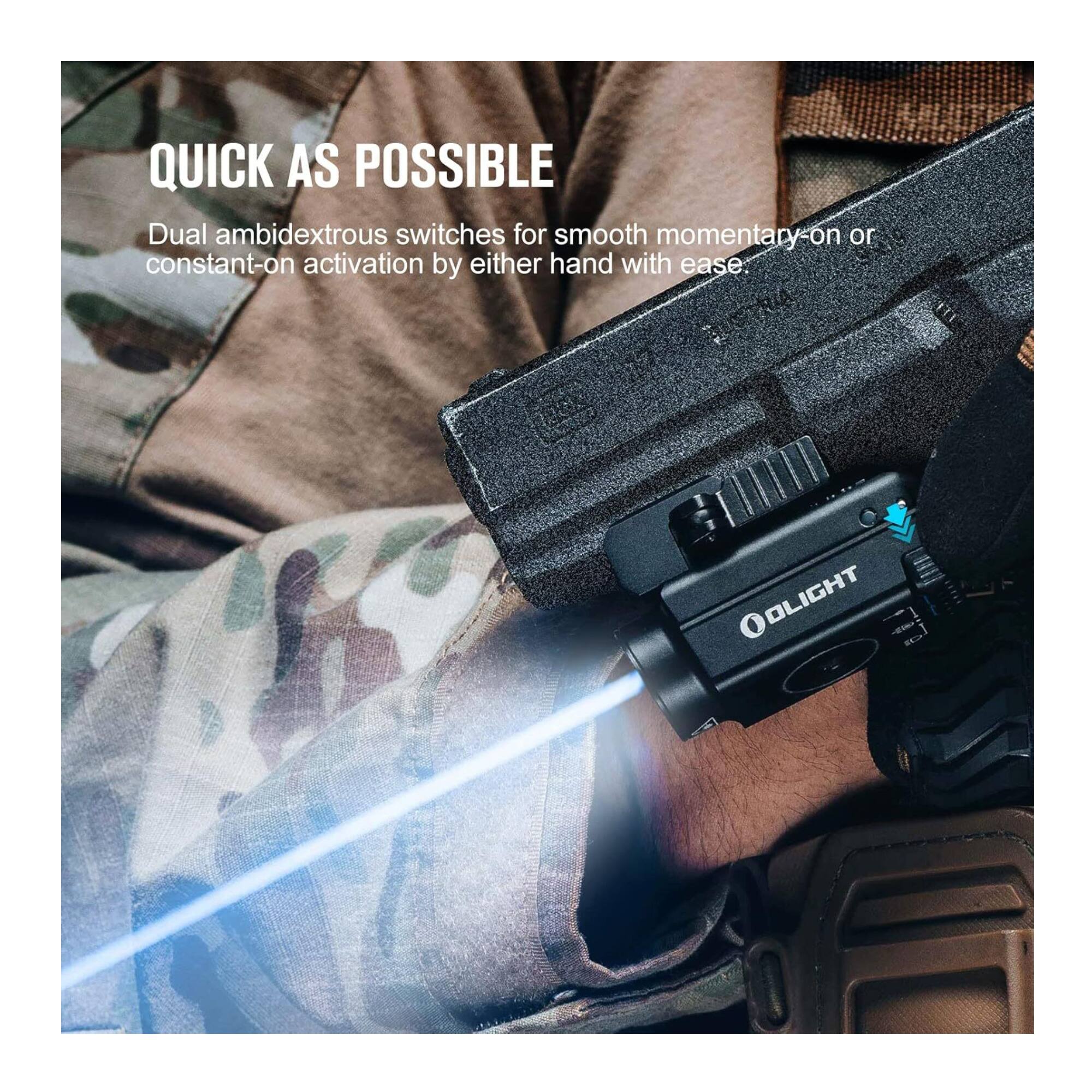 QUICK AS POSSIBLE

Dual ambidextrous switches for smooth momentary-on or constant-on activation by either hand with ease.