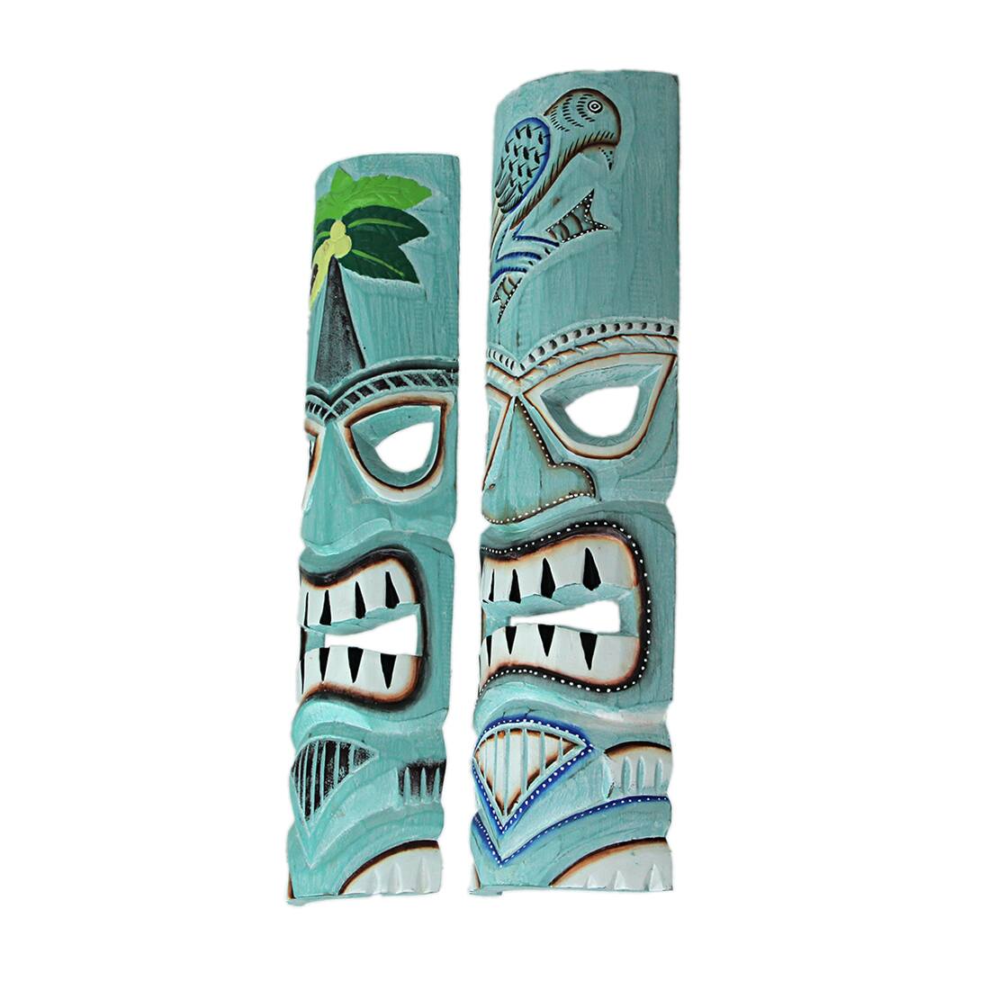 Alt View 2. Things2Die4 - Handcrafted Aqua Blue Parrot & Palm Tree Wooden Tiki Mask Wall Hangings – 20 Inches High - Set of 2 - Blue.