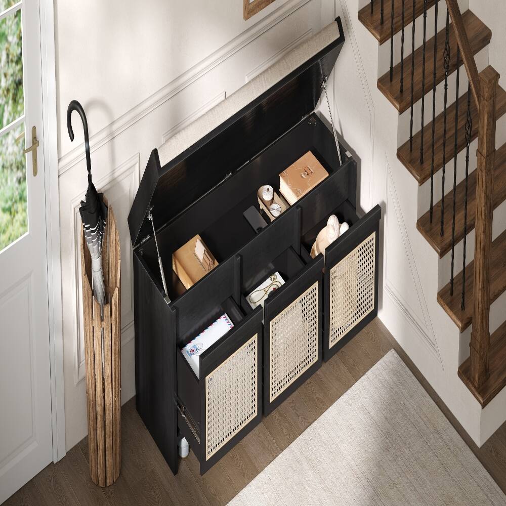 Alt View 1. Ropilly - Ropilly 48 Inch Black Entryway Shoe Bench with Rattan Drawers, Retro Storage Bench for Hallway - Black.