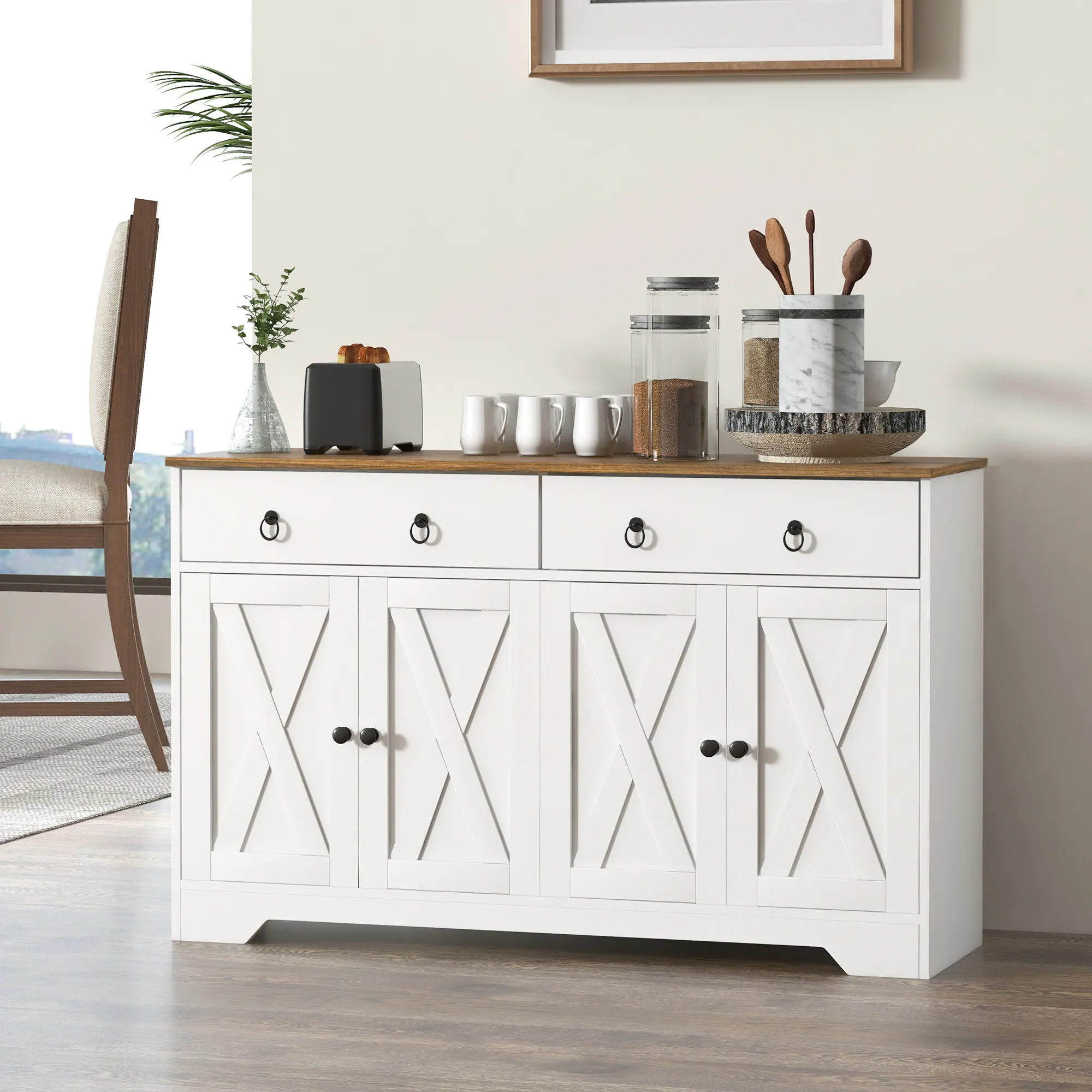 Alt View 1. Homcom - Sideboard Buffet Cabinet with Storage, 48" Kitchen Storage Cabinet with 2 Drawers and 4 Barn Doors - White.
