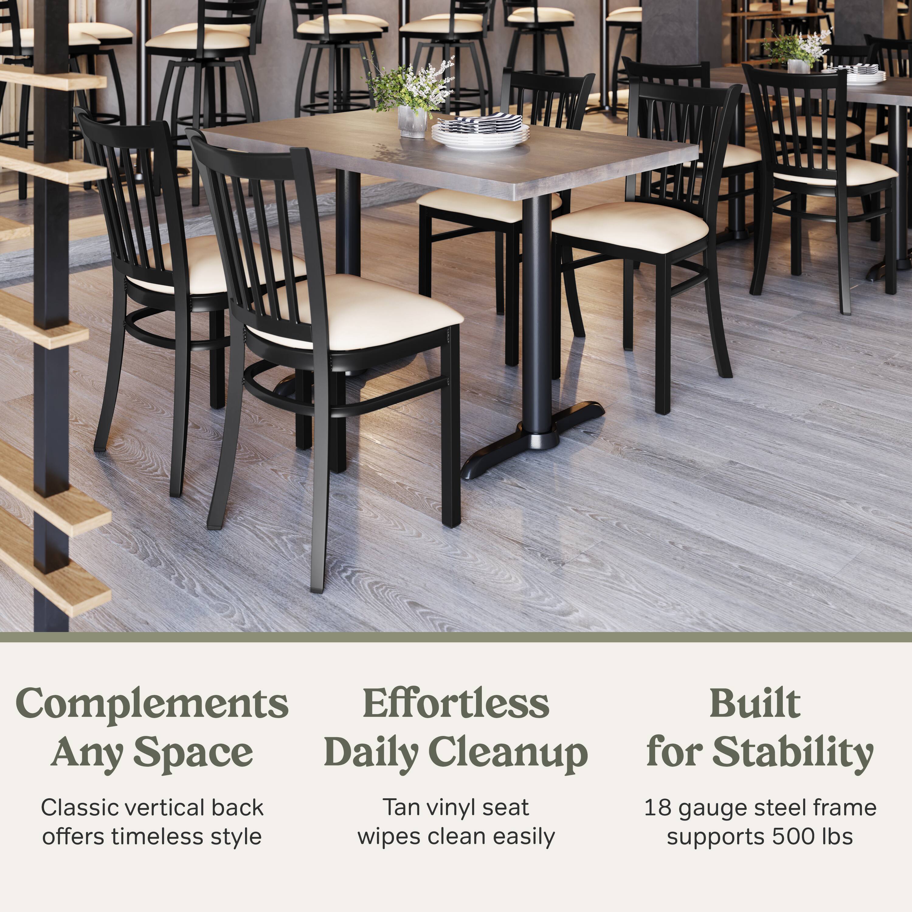 Complements Any Space  
Effortless Daily Cleanup  
Built for Stability  

Classic vertical back offers timeless style  
Tan vinyl seat wipes clean easily  
18 gauge steel frame supports 500 lbs