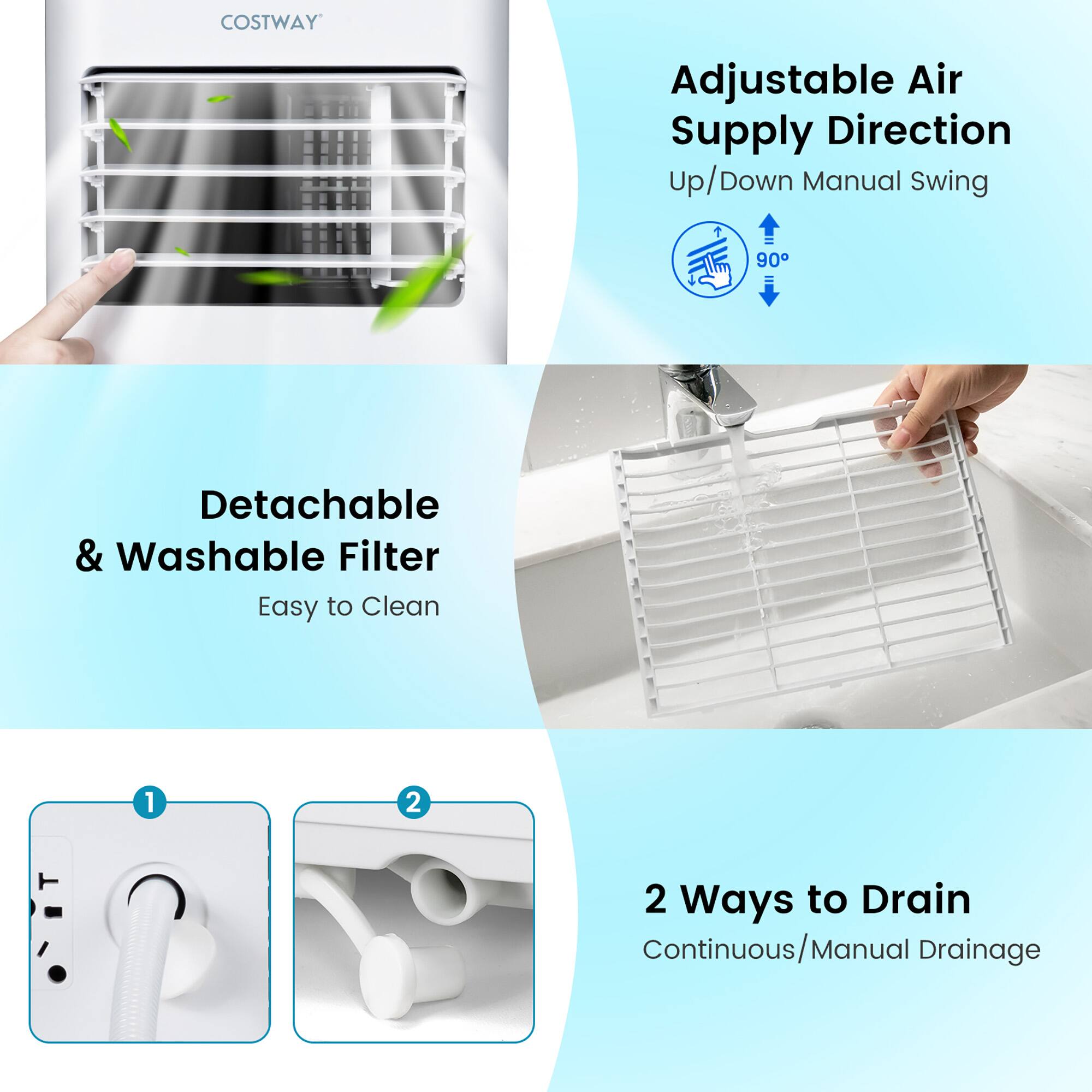 COSTWAY Adjustable Air Supply Direction Up/Down Manual Swing 90 Detachable & Washable Filter Easy to Clean 2 Ways to Drain Continuous/Manual Drainage