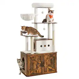 Songmics Home - Cat Tree, 66.9-Inch Cat Tower with Litter Box Enclosure, Large Condo with Food Station, Storage, Scratching Posts, Cave - Rustic Brown
