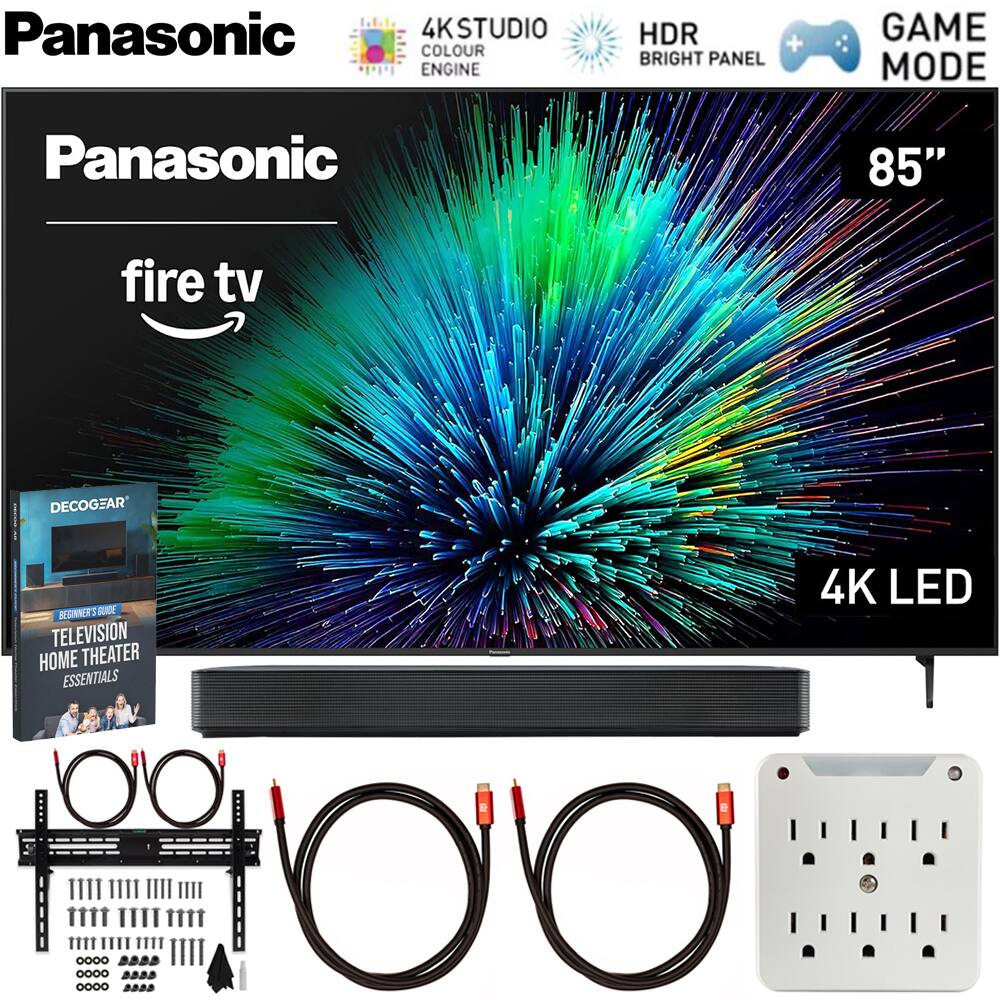 Panasonic  
4K STUDIO COLOUR ENGINE HDR + BRIGHT PANEL GAME MODE  
Panasonic 85" fire tv  
4K LED  
DECOGEAR  
BEGINNER'S GUIDE  
TELEVISION HOME THEATER ESSENTIALS