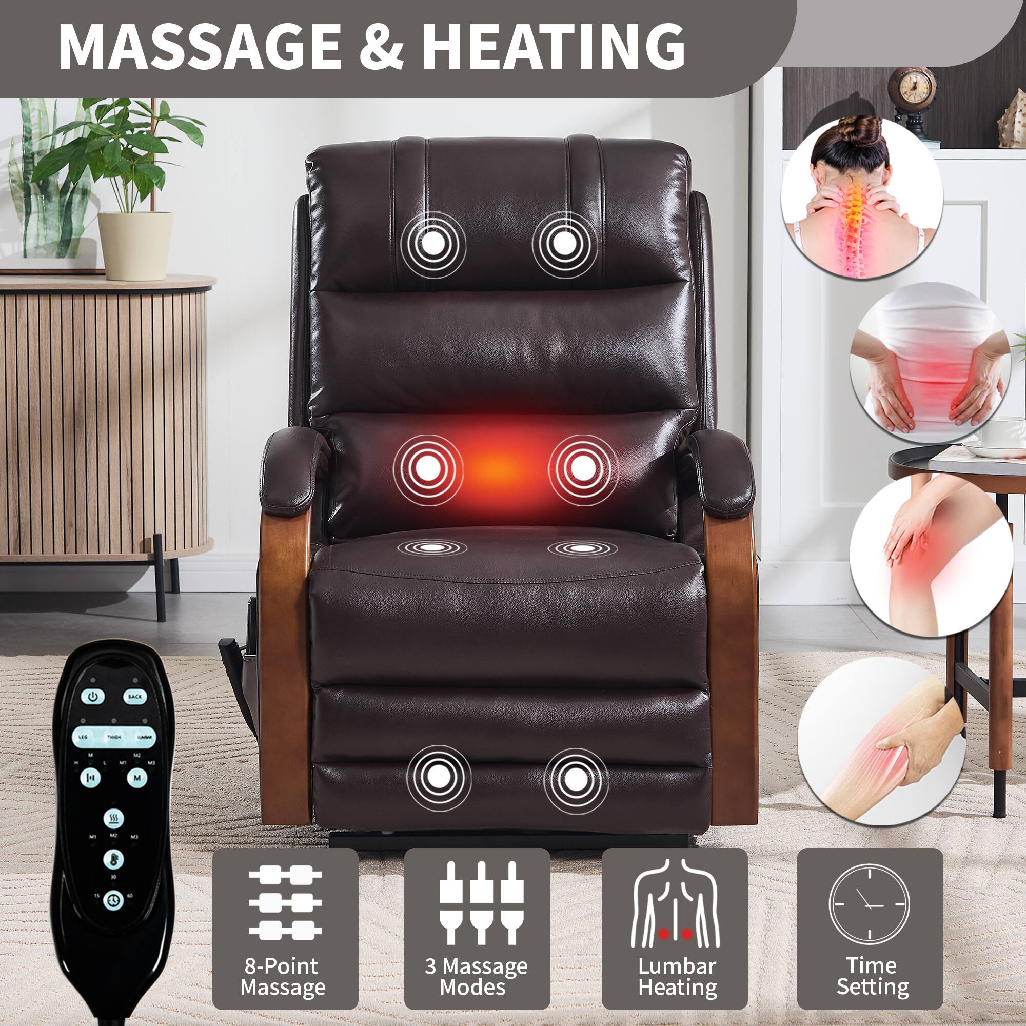 MASSAGE & HEATING

- 8-Point Massage
- 3 Massage Modes
- Lumbar Heating
- Time Setting