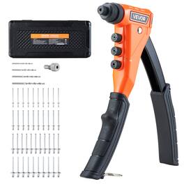 VEVOR - Pop Rivet Gun Kit, with 200 Blind Rivets, Heavy Duty Single Hand Riveter with 4 Interchangeable Nosepieces, 4 Drill Bits - Orange + Black