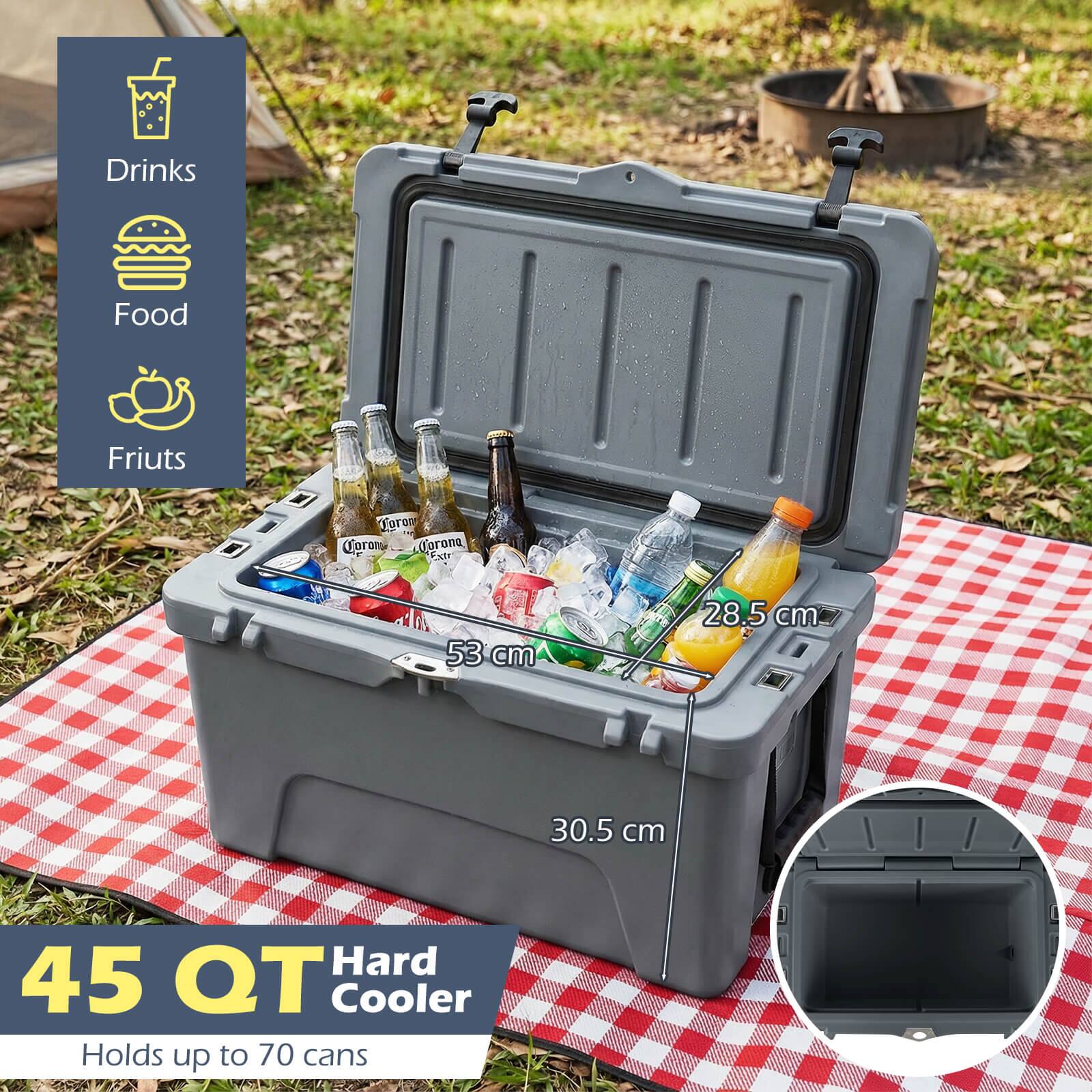 Drinks  
Food  
Fruits  

45 QT Hard Cooler  
Holds up to 70 cans  

Dimensions:  
53 cm  
28.5 cm  
30.5 cm