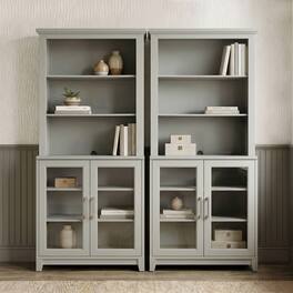 Martha Stewart - Bedford Set of 2 Modular Cabinets and 2 Hutch Set, Premium Hardware, Open Top Shelves, Soft-Close Glass Doors - Bedford Gray/Brushed Stainless Steel Hardware