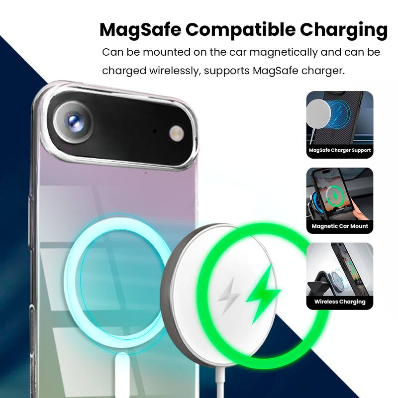 MagSafe Compatible Charging

Can be mounted on the car magnetically and can be charged wirelessly, supports MagSafe charger.

- MagSafe Charger Support
- Magnetic Car Mount
- Wireless Charging