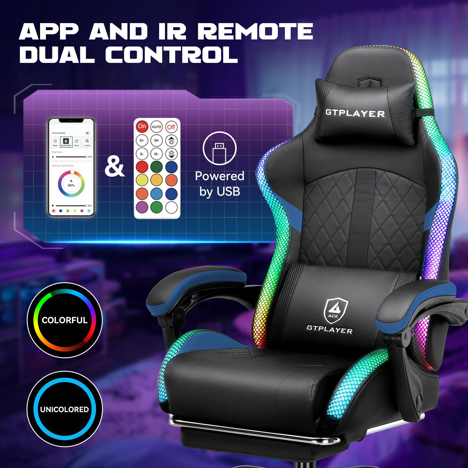 APP AND IR REMOTE DUAL CONTROL

&

Powered by USB

COLORFUL ACE

GTPLAYER

UNICOLored