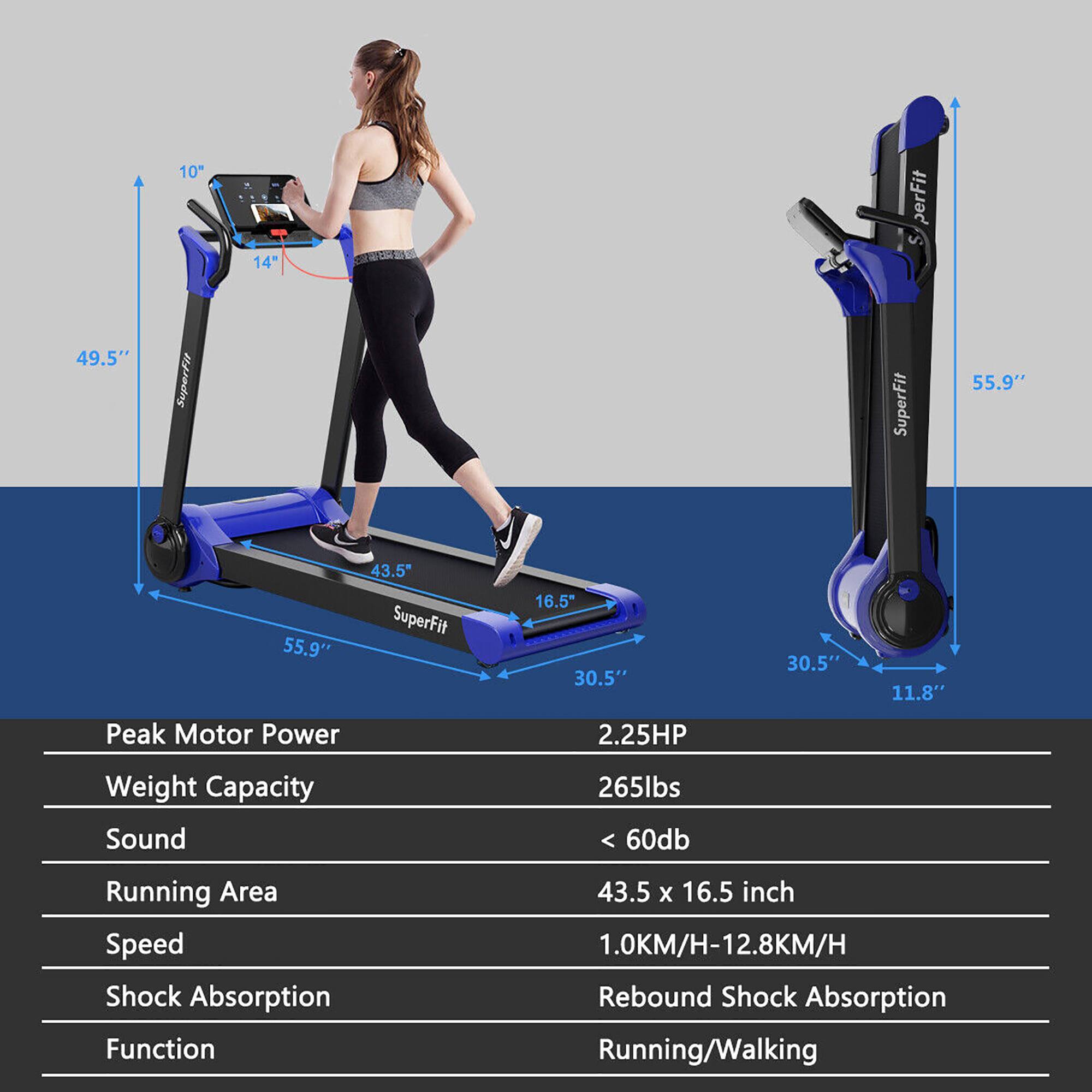 - **Dimensions:**
  - 10" (height of the console)
  - 14" (depth of the console)
  - 49.5" (height of the machine)
  - 55.9" (length of the machine)
  - 43.5" (width of the machine)
  - 16.5" (depth of the running area)
  - 30.5" (width of the running area)
  - 11.8" (height of the folded machine)

- **Specifications:**
  - Peak Motor Power: 2.25HP
  - Weight Capacity: 265lbs
  - Sound: < 60db
  - Running Area: 43.5 x 16.5 inch
  - Speed: 1.0KM/H-12.8KM/H
  - Shock Absorption: Rebound Shock Absorption
  - Function: Running/Walking