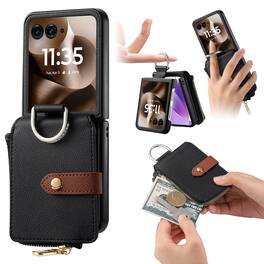 Dteck - Flip Wallet Case for Motorola Razr Ultra (2025),Built-in Metal Finger Ring,Shockproof Zipper Pocket PU Leather Cover - Black