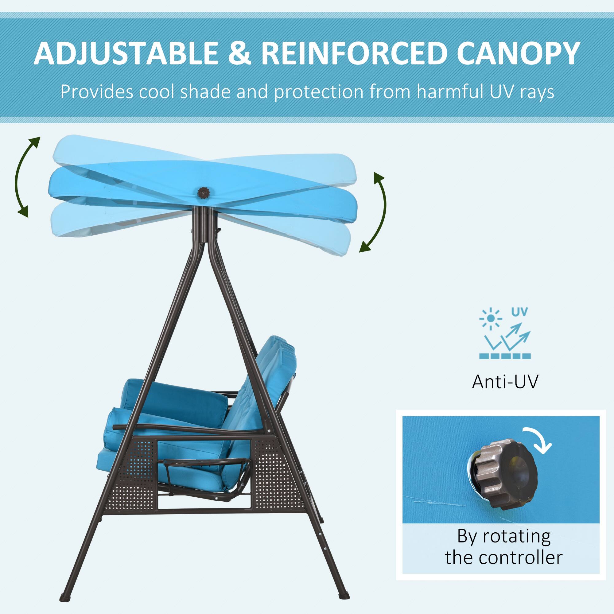 ADJUSTABLE & REINFORCED CANOPY Provides cool shade and protection from harmful UV rays

UV
Anti-UV
By rotating the controller