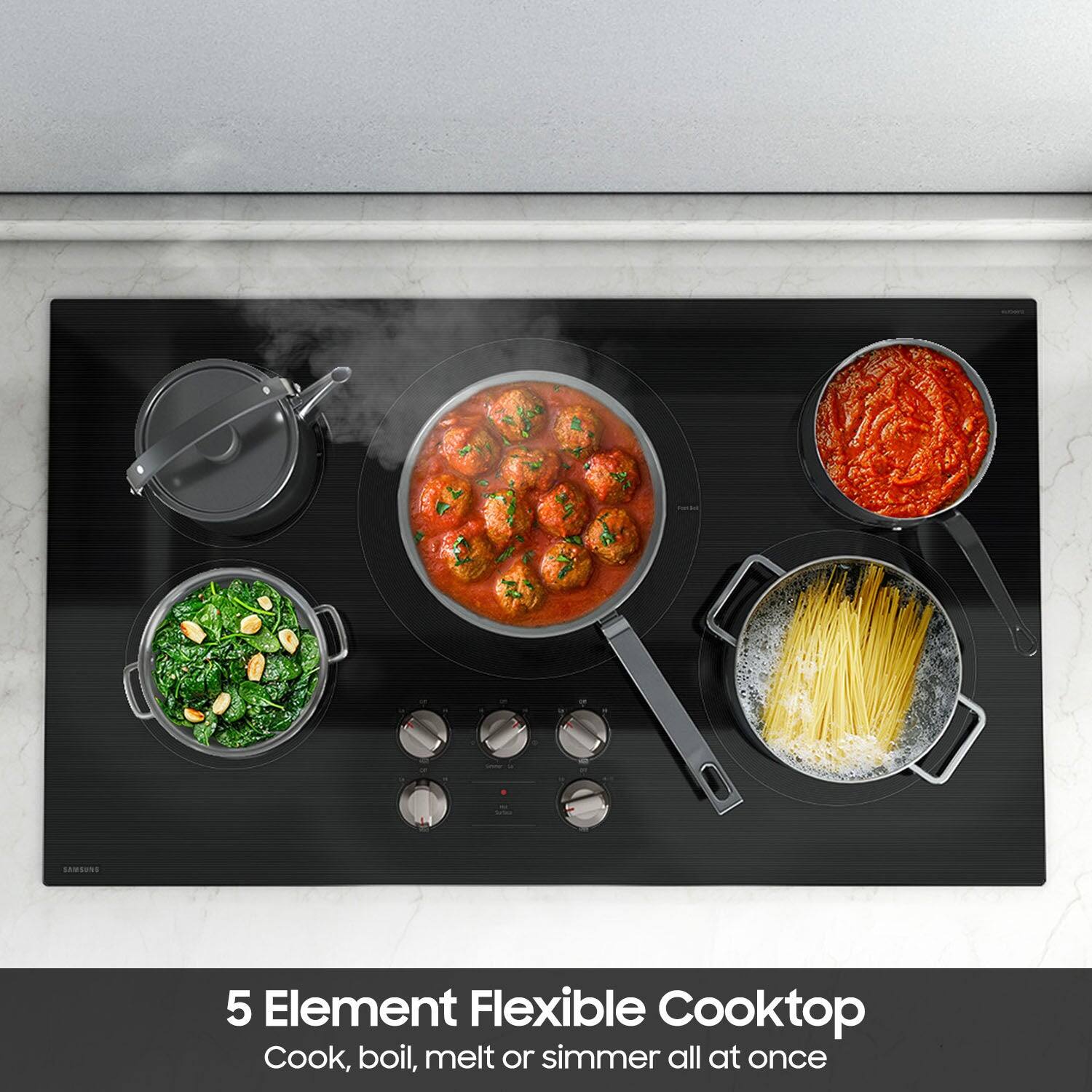 5 Element Flexible Cooktop: Cook, boil, melt or simmer all at once.