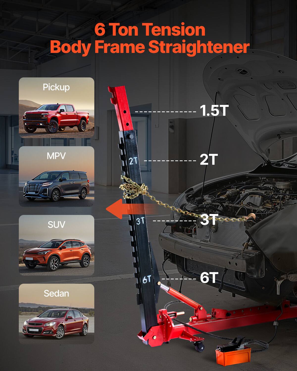6 Ton Tension Body Frame Straightener  
1.5T Pickup  
2T MPV  
3T SUV  
6T Sedan
