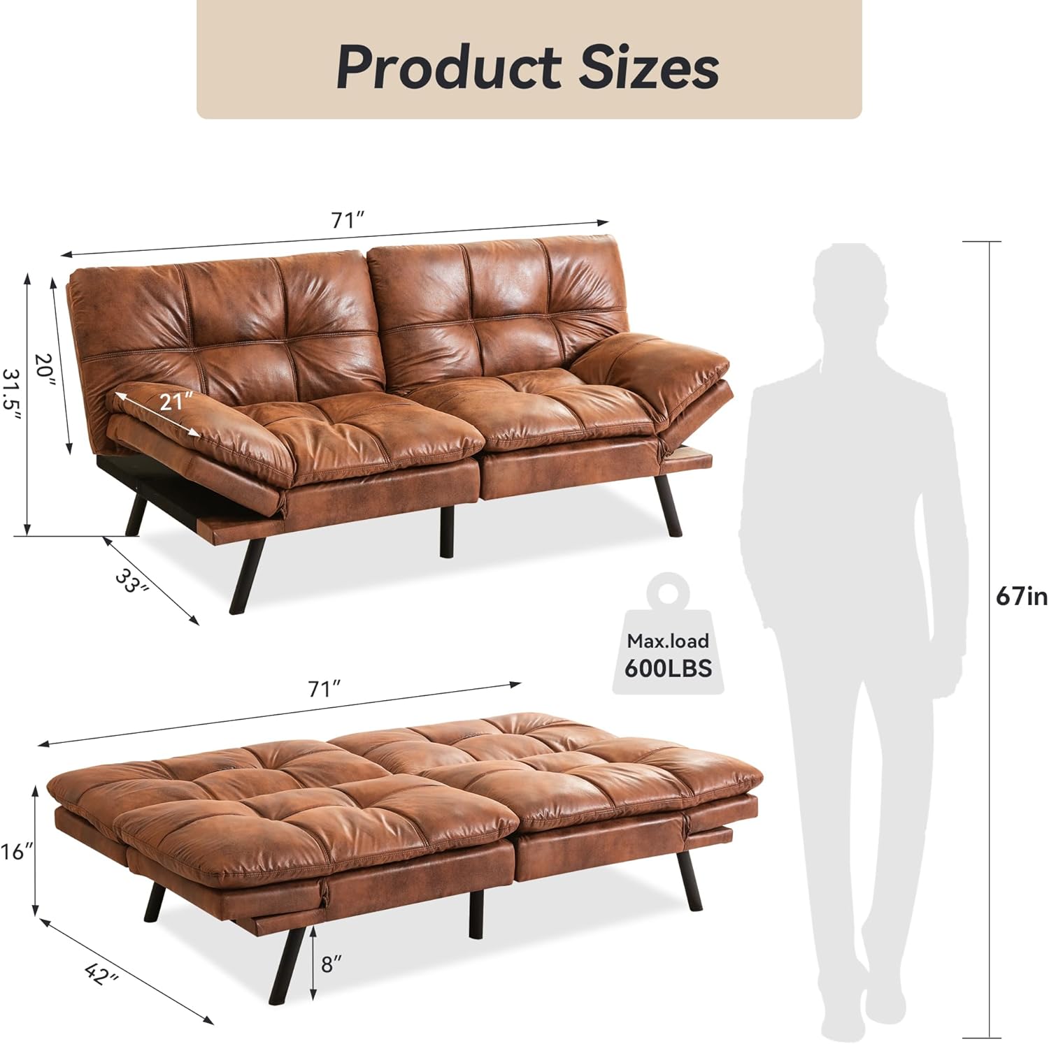 Product Sizes

- Sofa: 71" (width) x 31.5" (depth) x 21" (height)
- Chaise: 71" (width) x 42" (depth) x 16" (height)
- Max load: 600LBS

67in (height of the person for scale)
