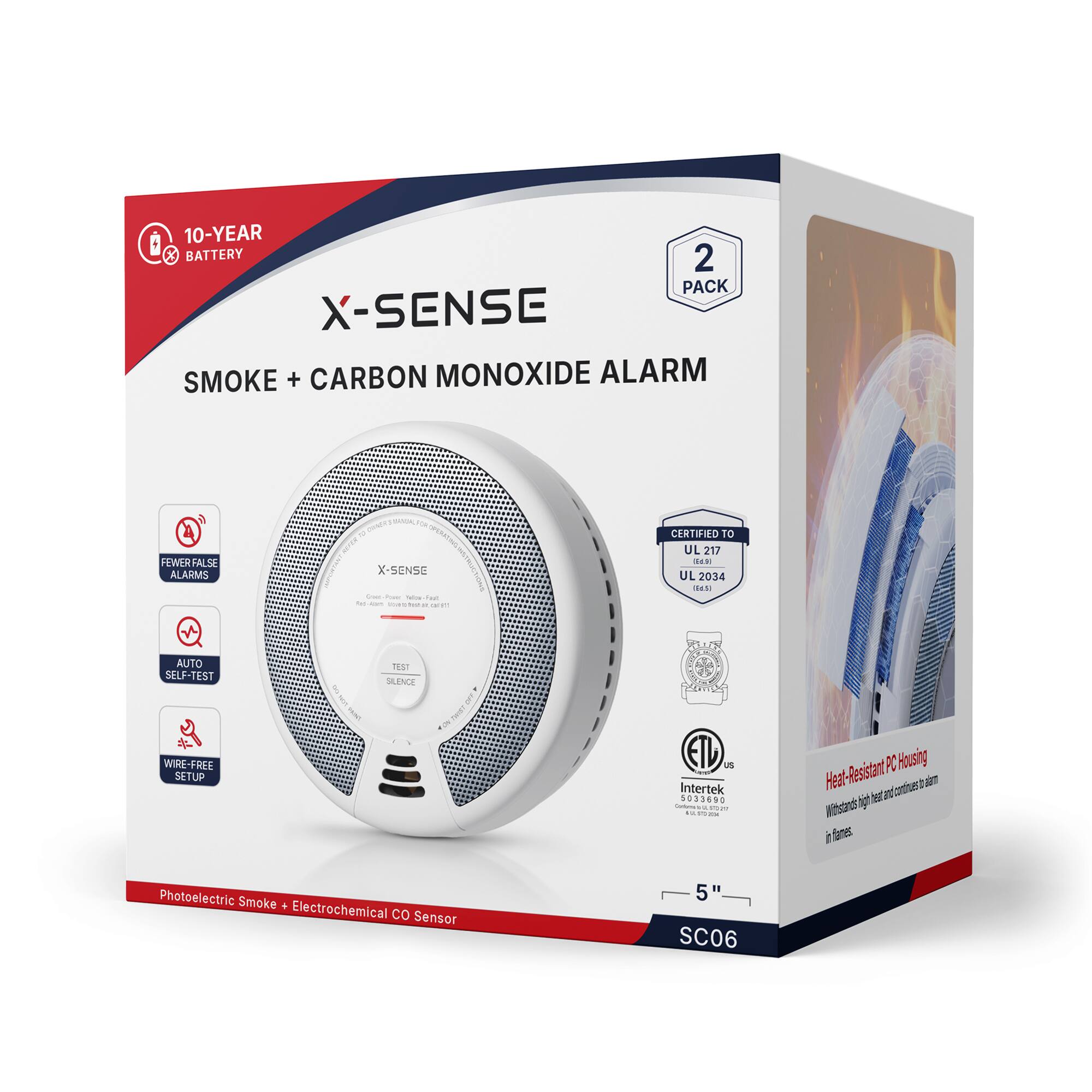 10-YEAR BATTERY 2 PACK X-SENSE SMOKE + CARBON MONOXIDE ALARM

FEWER FALSE ALARMS

CHECK X-SENSE Gver-Power May Four to - of and

CERTIFIED TO UL 217 04.31 UL 2034 Id5)

AUTO SELF-TEST

TEST SILENCE

WIRE-FREE SETUP

ETL US Intertek 5033690

Heat-Resistant PC Housing Withstands flames

Photoelectric Smoke + Electrochemical CO Sensor

5" SC06