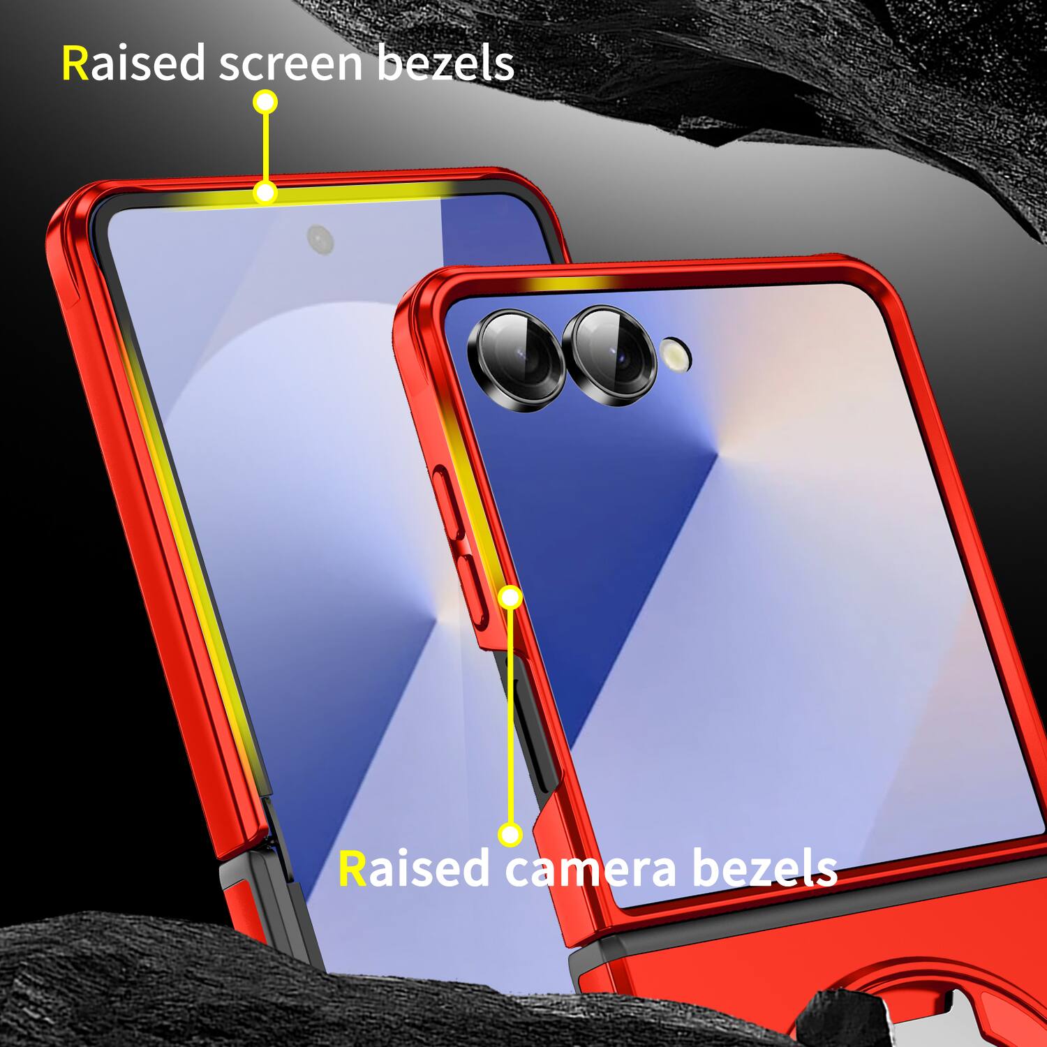 Raised screen bezels  
Raised camera bezels