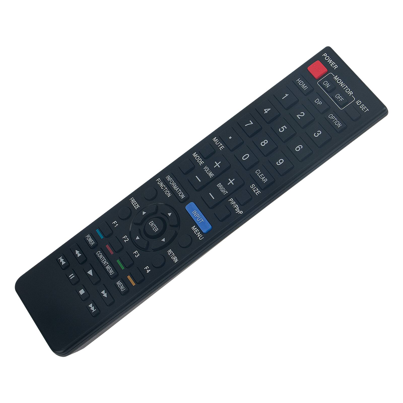 POWER HDMI ON - MONITOR 1 OFF DP ID SET 4 2 7 OPTION 5 3 - MUTE 8 9 MODE 0 + 6 I VOLUME CLEAR FUNCTION INFORMATION + BRIGHT SIZE I FREEZE PIP/PbP A 4 F1 INPUT ENTER MENU POWER F2 4 Y  F3 RETURN  CONTENTMENU F4 = - MENU