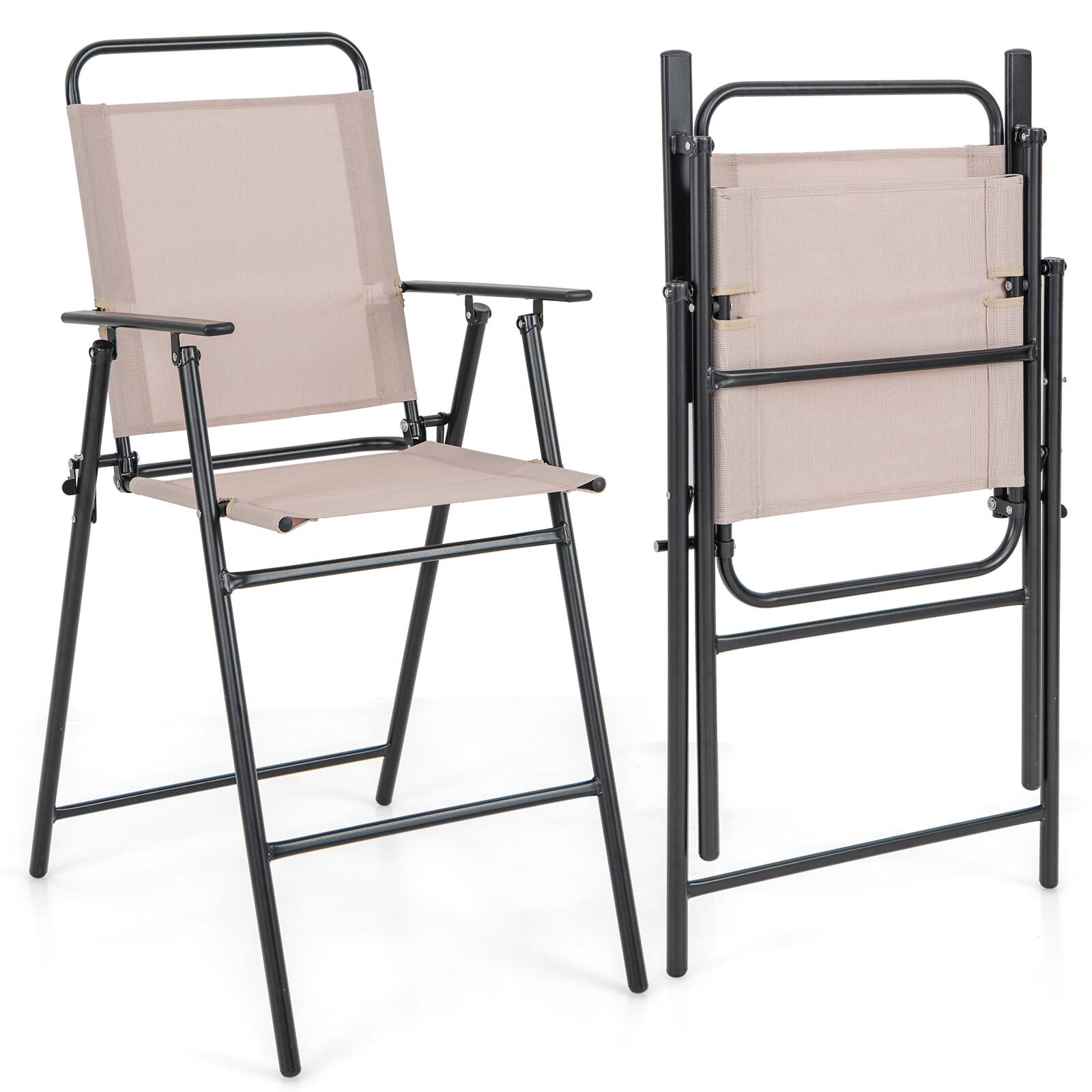 Front. Costway - Costway 2PCS Patio Folding Bar-height Chairs with Armrests Quick-drying Seat Backyard - Beige.