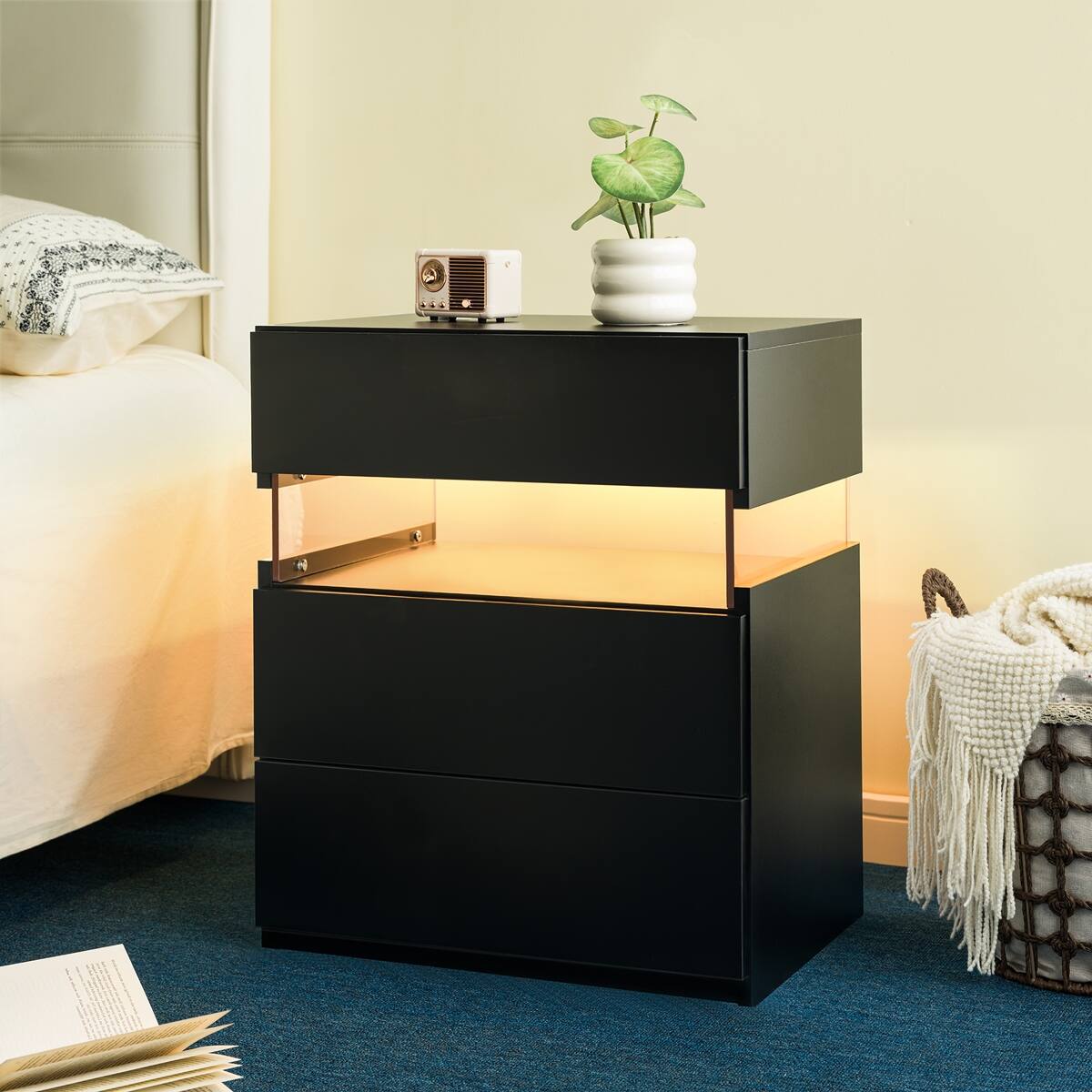 Angle. Loheer - Loheer LED Nightstand, Black Bedside Table with Acrylic Panel and Three Drawers for Bedroom - Black.