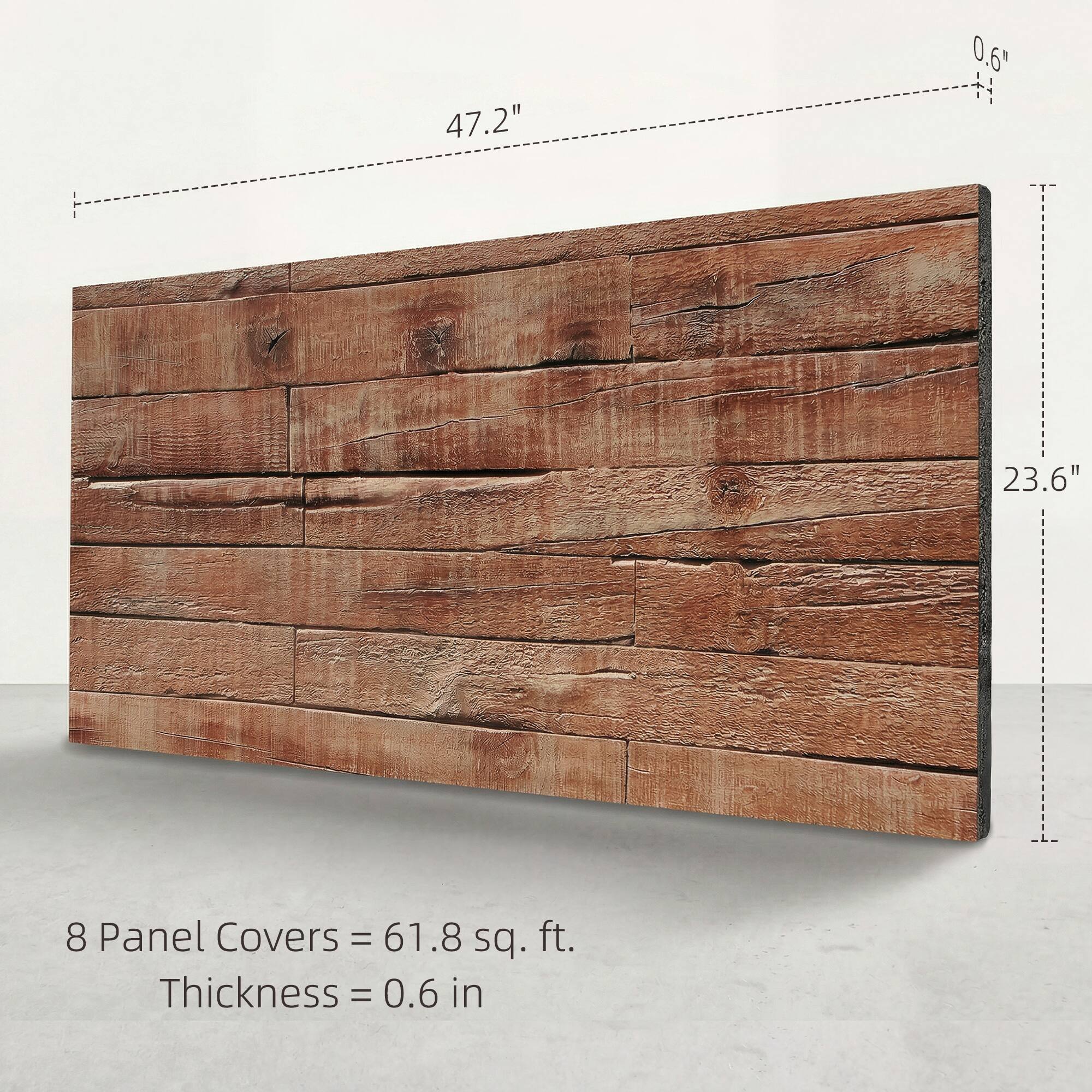 47.2" x 23.6" x 0.6"  
8 Panel Covers = 61.8 sq. ft.  
Thickness = 0.6 in