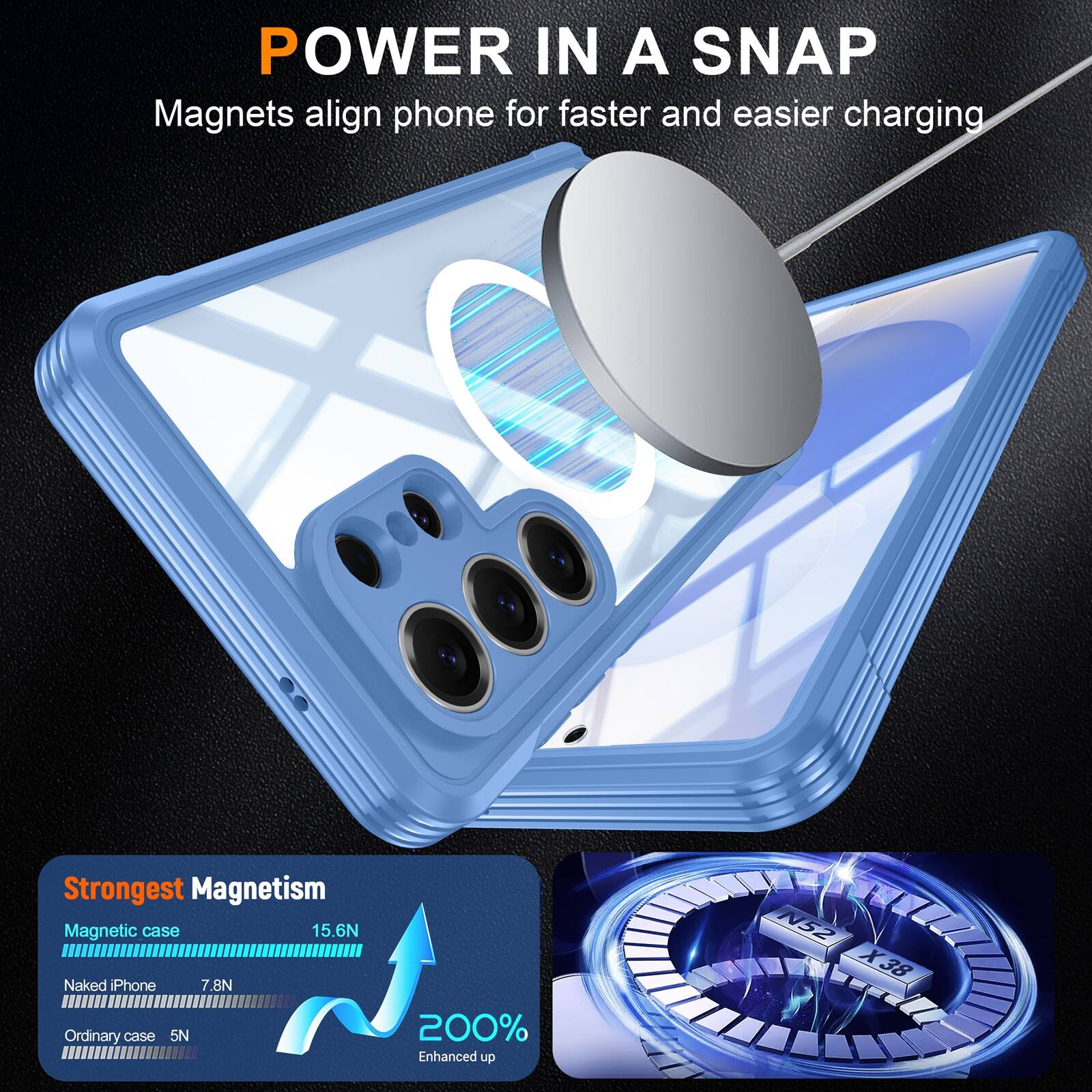 POWER IN A SNAP  
Magnets align phone for faster and easier charging  

Strongest Magnetism  
Magnetic case 15.6N  
Naked iPhone 7.8N  
Ordinary case 5N  

200% Enhanced up N52 X38